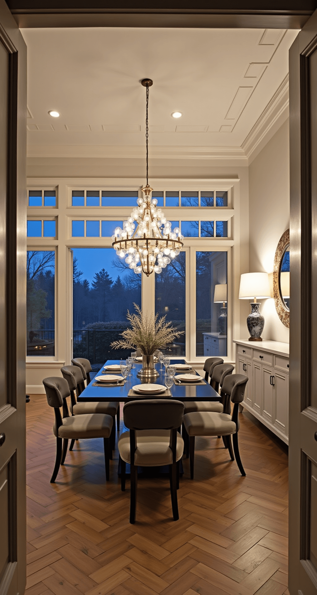 Transitional dining space at twilight featuring a coffered ceiling, herringbone hardwood floors, a traditional glass-top table with upholstered chairs, a brass sputnik chandelier, and an art deco buffet with marble lamps, captured in a warm evening ambiance.