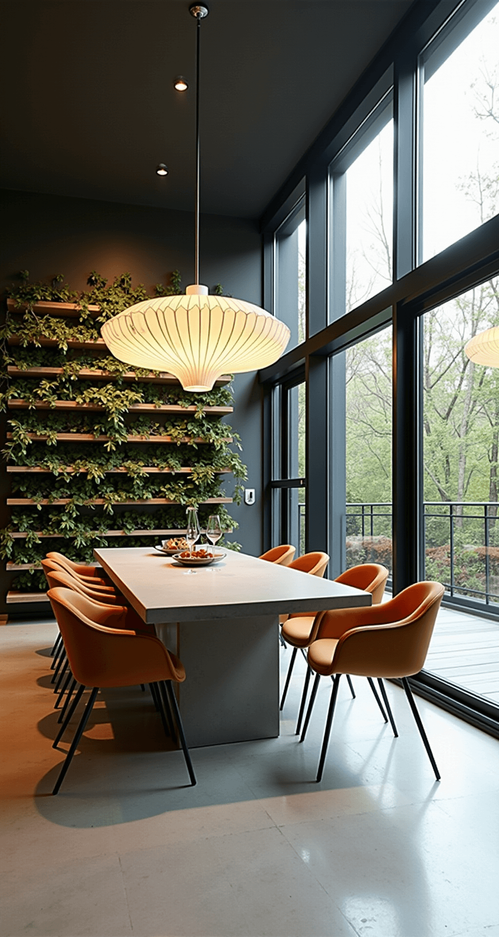 A contemporary dining space featuring double-height windows, a minimalist concrete table, and mixed material chairs in earth tones, with an oversized paper pendant light and a living wall against a steel and glass backdrop.