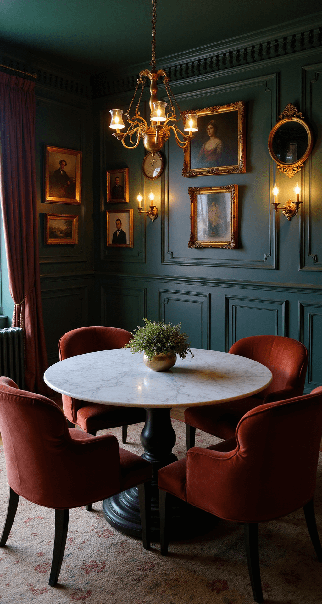 A moody dining room with dark emerald walls and black trim, featuring a round marble table and velvet chairs in rust and plum tones, illuminated by vintage brass sconces and candlelight. The gallery wall displays vintage gilt mirrors and oil paintings, creating a warm, intimate atmosphere with dramatic shadows.