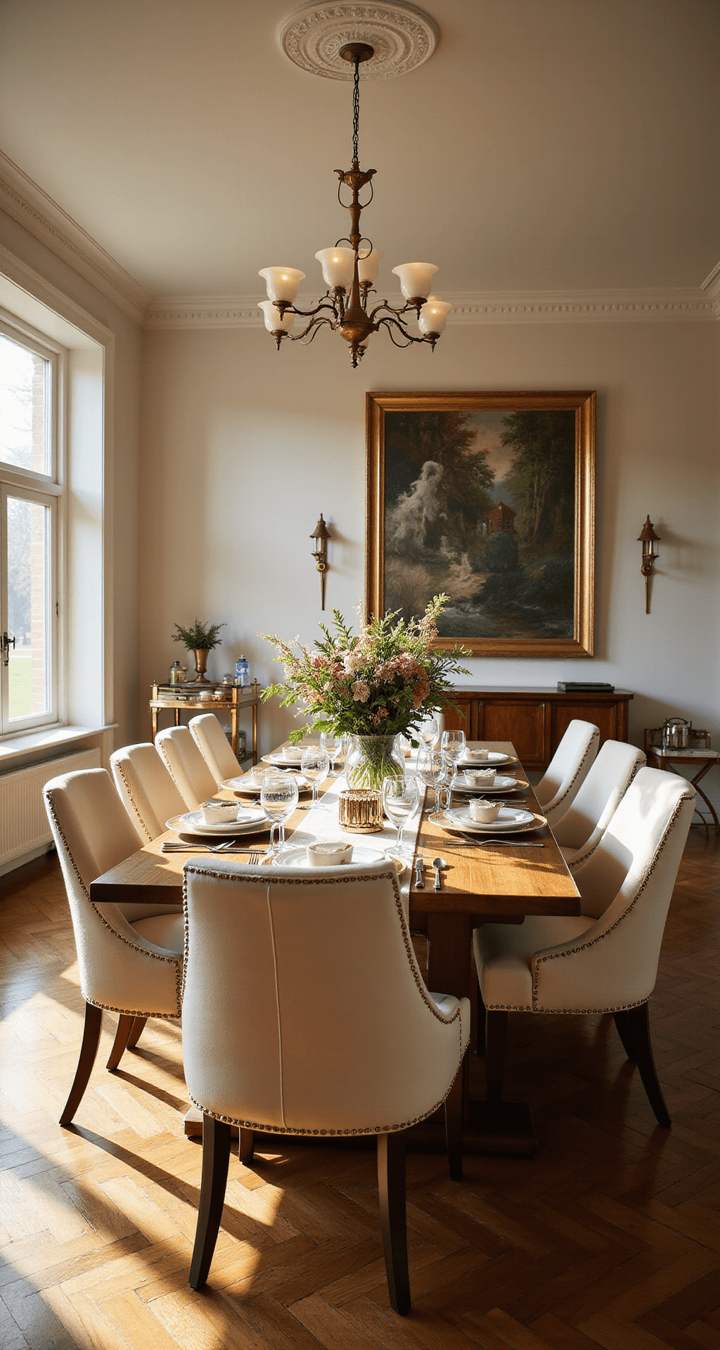 A warm and inviting dining room featuring a walnut dining table surrounded by cream chairs, illuminated by golden hour sunlight with a floral centerpiece and a brass bar cart in the corner.