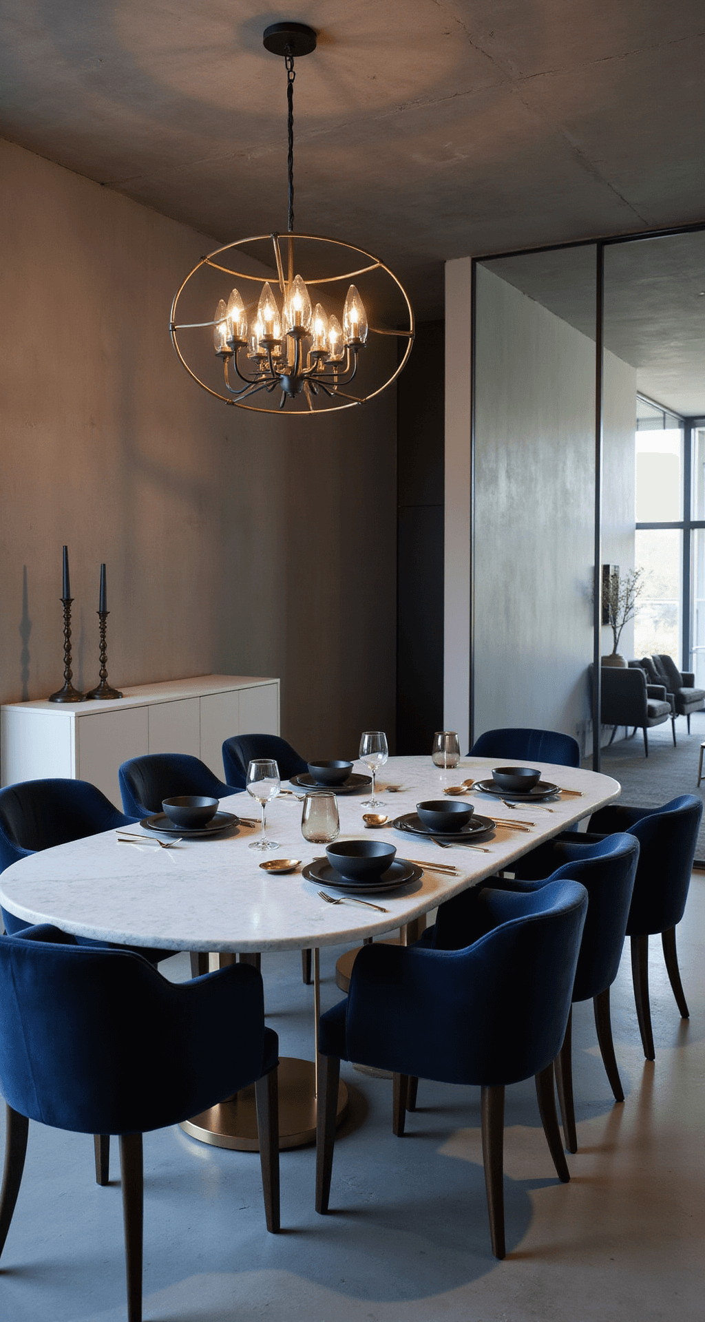 Modern dining room at dusk featuring a marble oval table surrounded by navy velvet chairs, illuminated by a statement chandelier, with minimalist concrete walls and a sleek white sideboard displaying tableware. Table set with black stoneware, gold flatware, and smoky glass, enhanced by brass candlesticks.