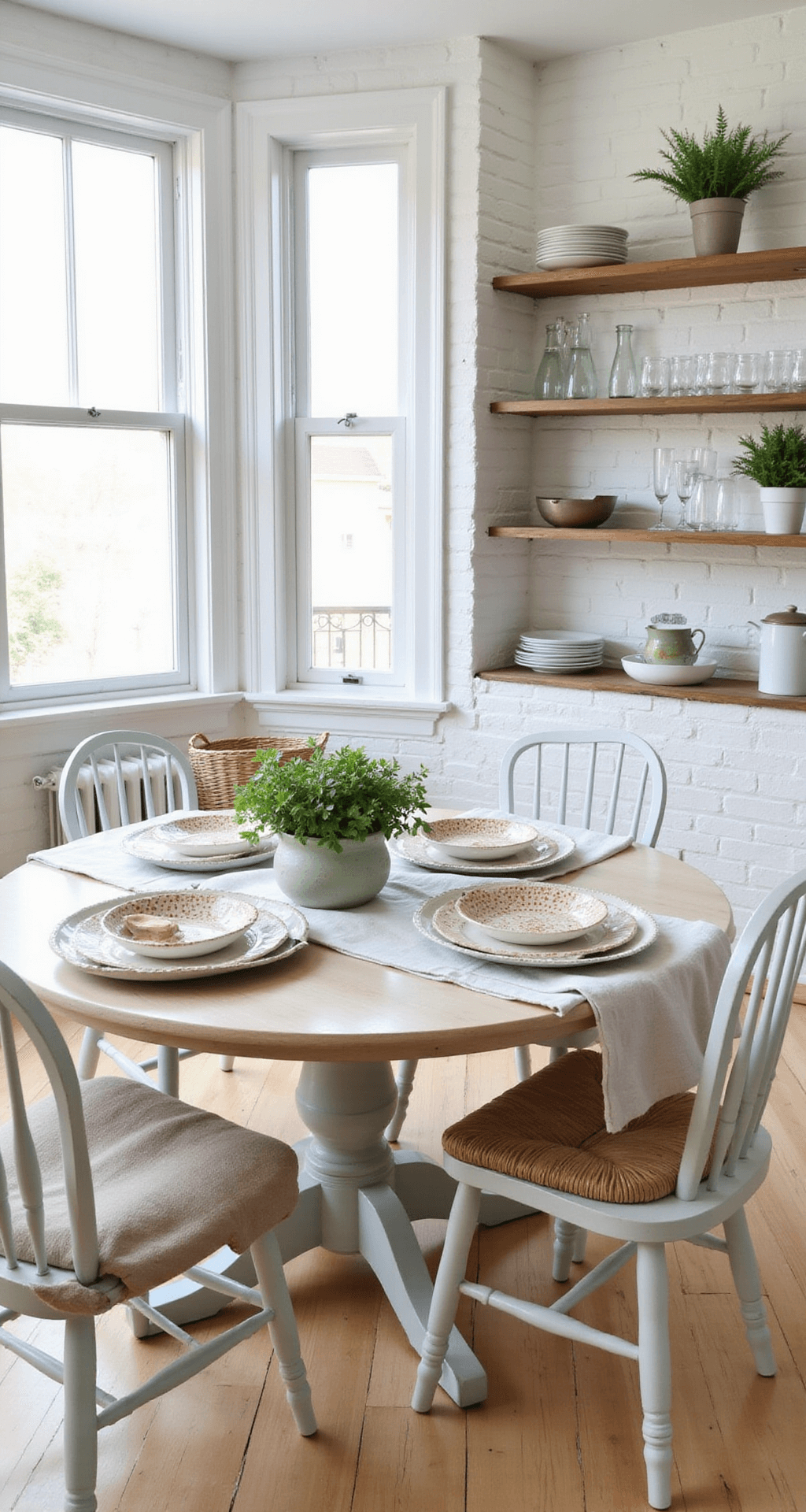Bright, airy breakfast room with white-painted brick walls and pale oak floors, featuring a round pedestal table set with pastel-hued vintage chairs, organic cotton runners, handmade pottery plates, and fresh herb centerpieces, all illuminated by natural light from bay windows.
