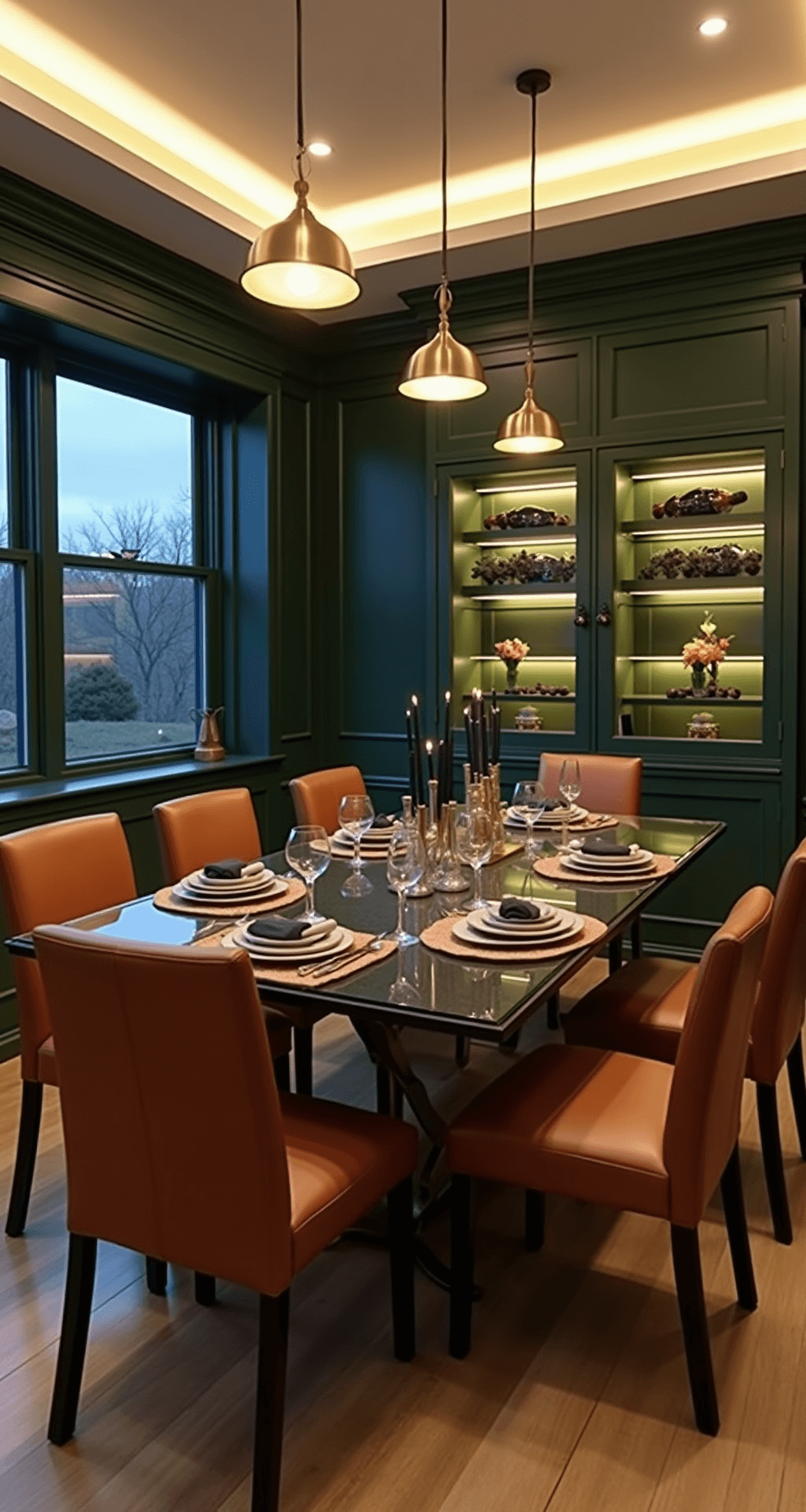 Cozy 15x15ft dining space at twilight featuring deep green wainscoting, modern furniture, a glass-top table with brass base surrounded by cognac leather chairs, and built-in wine storage with LED lighting, styled with charcoal linen, copper chargers, white porcelain, and black taper candles.