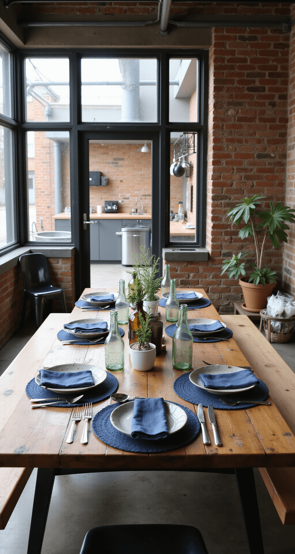 Industrial-chic dining area in a loft with exposed brick walls and steel beams, featuring a reclaimed wood table set with denim placemats and ceramic plates, surrounded by bench seating and metal chairs, under warm afternoon light.