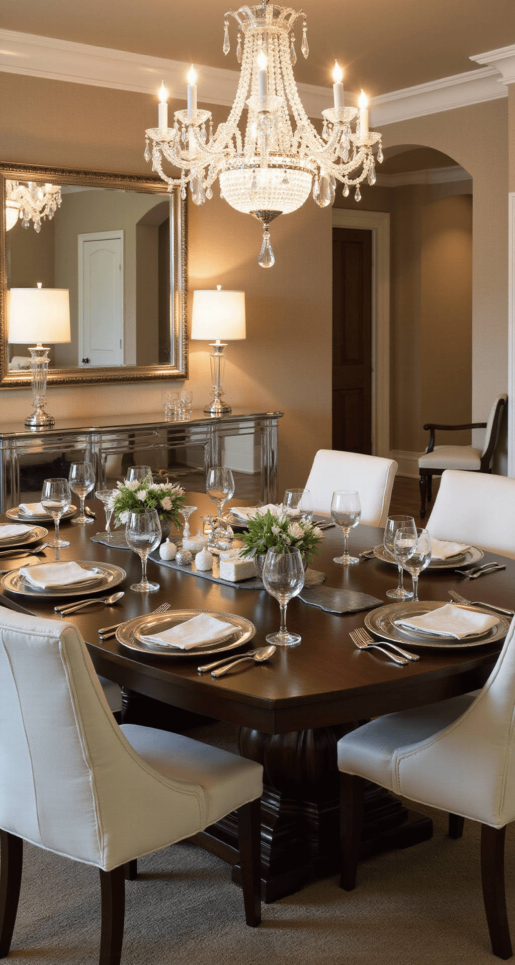 A sophisticated dining room featuring warm taupe grasscloth wallcovering and a dimmed crystal chandelier, with a dark mahogany extension table set for cocktail hour, surrounded by upholstered ivory bouclé chairs. A mirrored buffet reflects candlelight, and the table is elegantly arranged with silver chargers, fine china, and multiple wine glasses, captured from a slightly elevated angle.