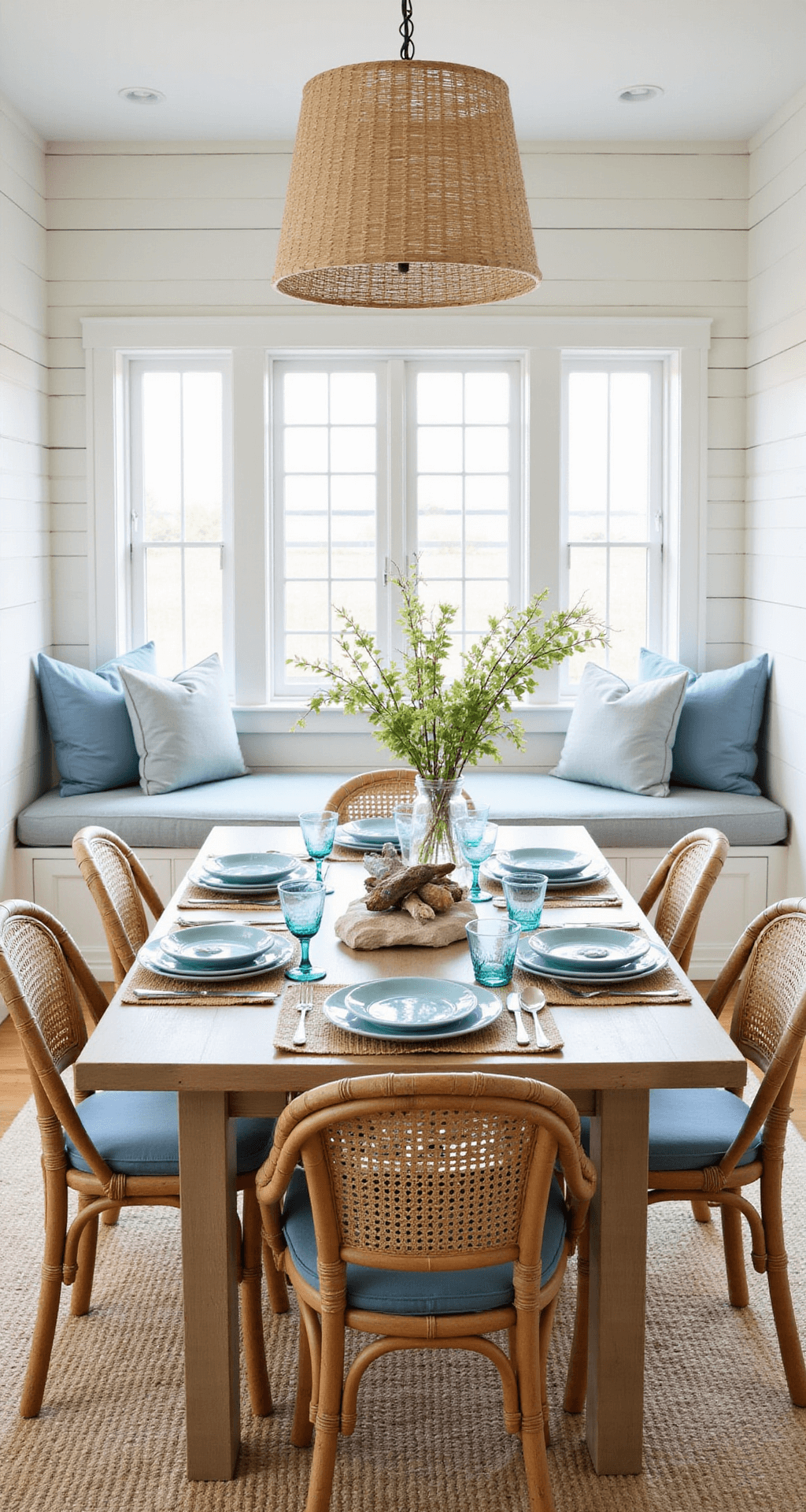 A coastal-inspired dining space featuring shiplap white walls, a bleached oak table with rattan chairs in sea glass blue, and a built-in window seat, illuminated by morning light, showcasing an aqua glass table setting and a driftwood centerpiece.