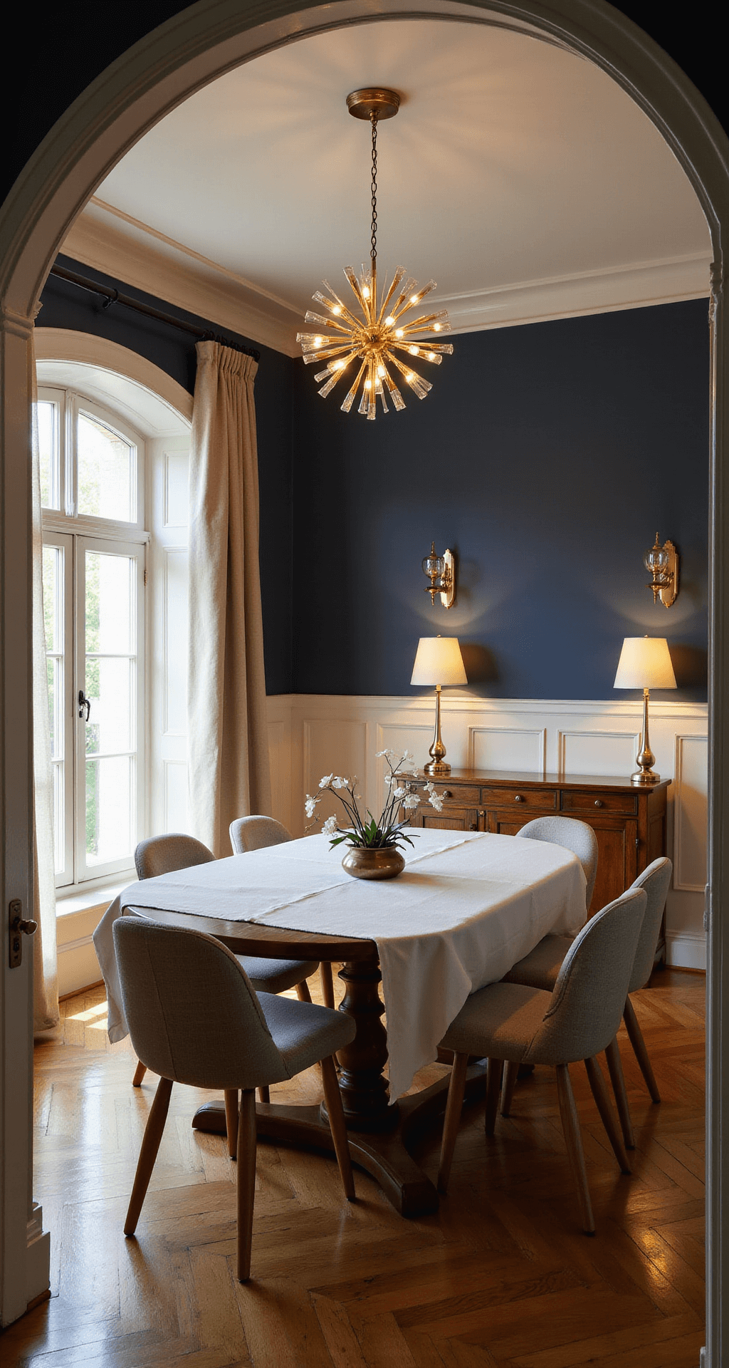 Interior view of an elegant dining room featuring a round walnut table set with white linens and copper accents, illuminated by a modern brass sputnik chandelier and soft wall sconces, with navy walls and cream wainscoting, capturing warm golden hour light and layered shadows.