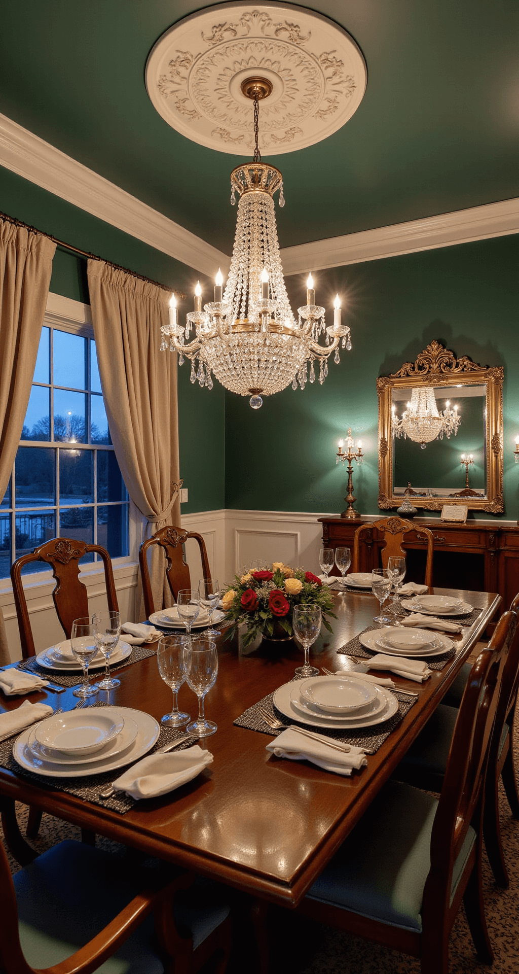 A dramatic evening scene in a formal dining room, featuring a crystal chandelier casting prismatic patterns over a rectangular mahogany table. Antiqued mirror panels reflect candlelight from silver candelabras. Ivory silk draperies frame black-trimmed windows against deep emerald walls and a white ceiling medallion. The table is elegantly set with fine china and crystal stemware, while dimmable sconces provide intimate lighting.