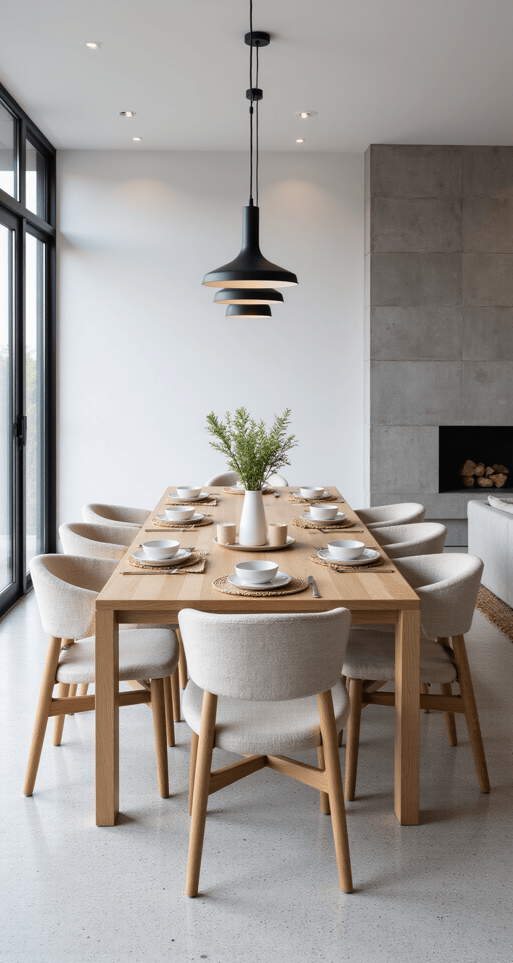 Bright contemporary dining space with a blonde oak table under three minimalist black pendants, illuminated by natural light from floor-to-ceiling windows and recessed LEDs, featuring white walls, a concrete accent wall, light gray terrazzo floors, and Scandinavian furniture with mixed textures.