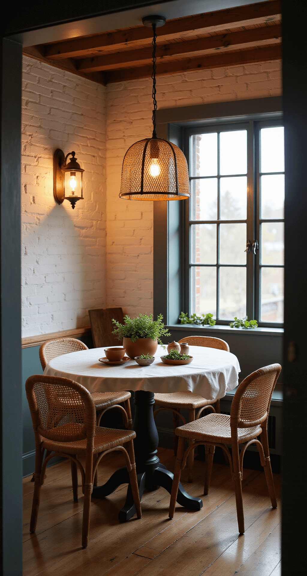 A cozy farmhouse dining nook at twilight, featuring a round pedestal table dressed in natural linen and earthenware dishes, illuminated by a vintage-style industrial pendant and copper wall lanterns, with whitewashed brick walls and wide-plank pine floors, creating a warm and inviting atmosphere.