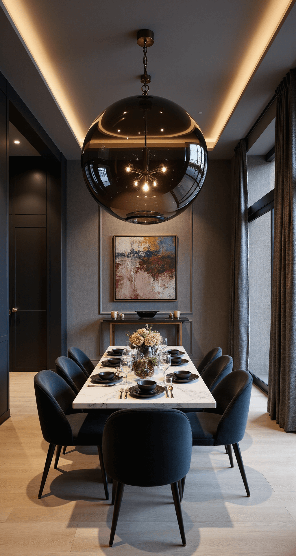 A modern luxe dining room featuring a large smoked glass chandelier above a marble dining table, with textured grasscloth walls highlighted by hidden LED lighting, charcoal walls, bleached oak floors, and jewel-toned velvet chairs. The table is set with black matte dinnerware and geometric decor, all illuminated by polished brass picture lights focusing on abstract art.