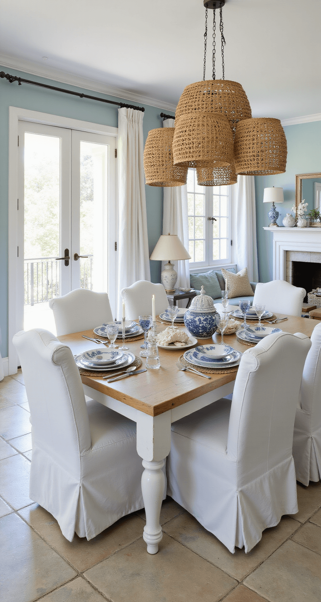 Bright and airy coastal dining space featuring a woven rattan pendant cluster above a whitewashed teak table, with natural light streaming through floor-to-ceiling windows. The pale blue walls, limestone floors, and Belgian linen curtains create a fresh atmosphere, enhanced by a casual table setting with blue-and-white chinoiserie and coral specimens.