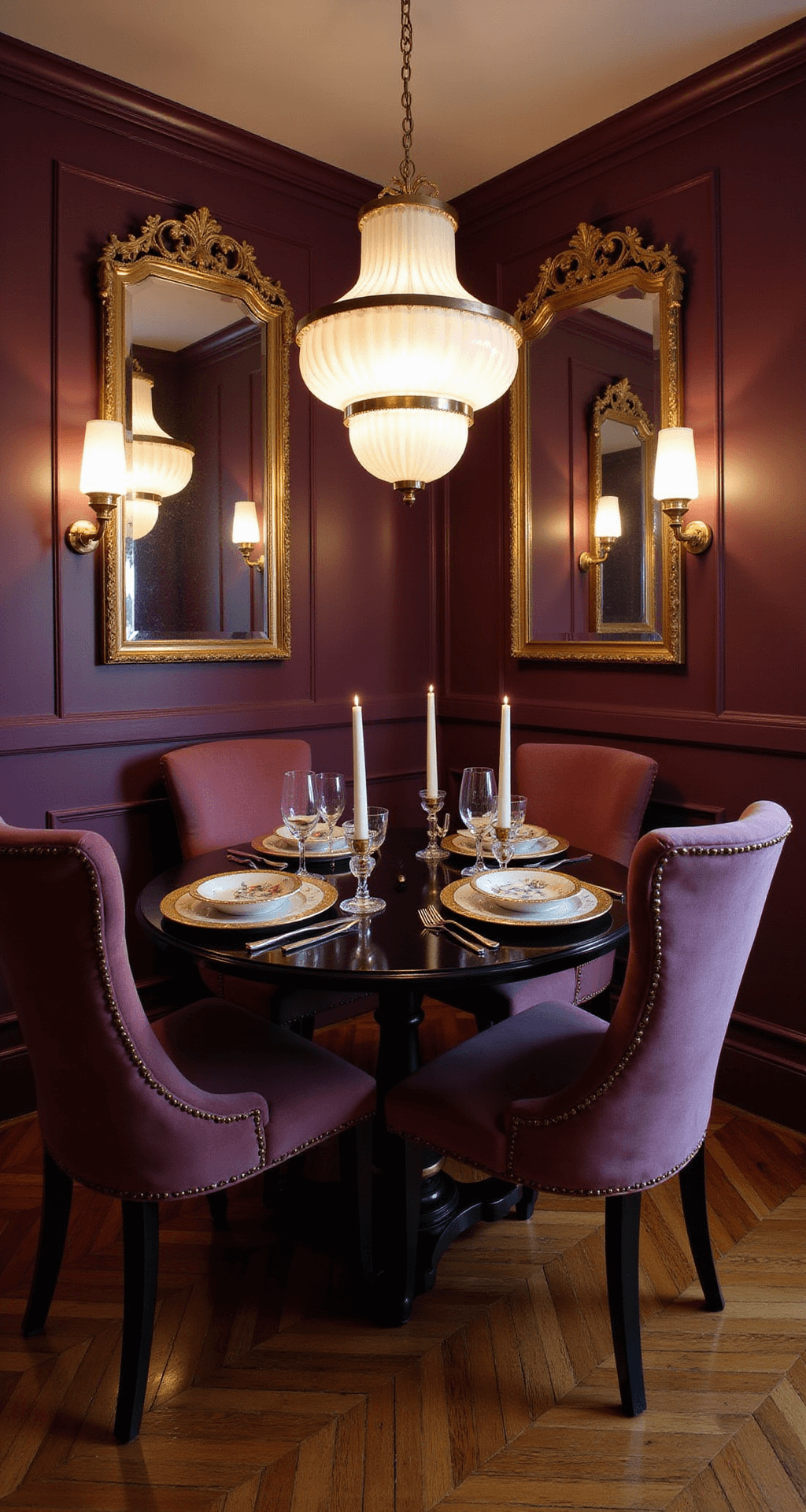 Intimate Art Deco-inspired dining room with deep aubergine walls, featuring a tiered brass and opal glass chandelier above a circular lacquered table set with vintage crystal and gold-rimmed plates, surrounded by velvet upholstered chairs on chevron parquet floors, captured from a corner angle with dramatic lighting.