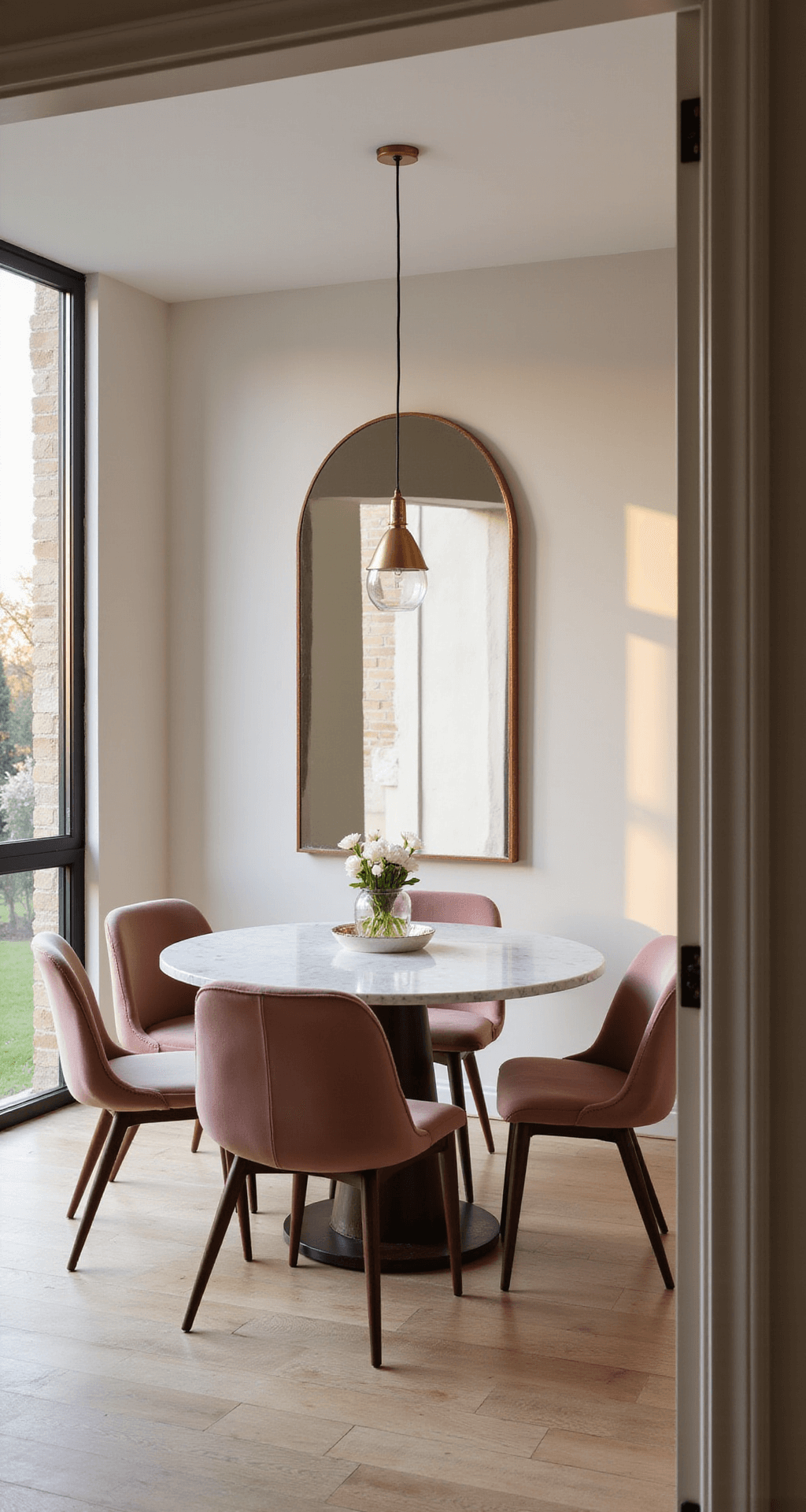 A modern dining room with a 48-inch round white marble table, surrounded by four dusty rose velvet chairs, captured through floor-to-ceiling windows during golden hour. The scene features soft cream walls, bleached oak flooring, and a dramatic oversized mirror, with a low-hanging brass pendant light creating warm shadows. The photograph is taken from eye level at the doorway, showcasing depth and window reflections.