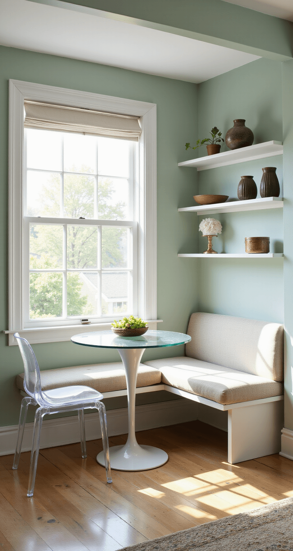 A high-angle view of a corner dining nook illuminated by morning light, featuring a 36-inch glass-topped bistro table against pale sage green walls, an L-shaped built-in bench in oatmeal linen with hidden storage, two ghost chairs, and floating white shelves with brass accessories, all complemented by a textured white roman shade.