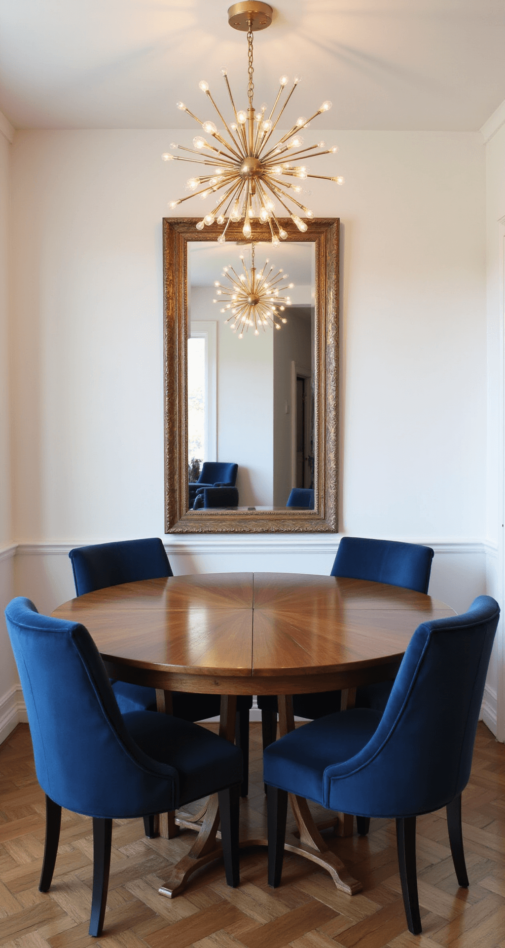 Intimate dining space at dusk featuring an expandable walnut table with brass inlay, midnight blue velvet chairs, and a statement brass sputnik chandelier casting dramatic shadows. The room has crisp white walls and herringbone hardwood floors, with a large antiqued mirror on the main wall reflecting the chandelier. Shot from table height.
