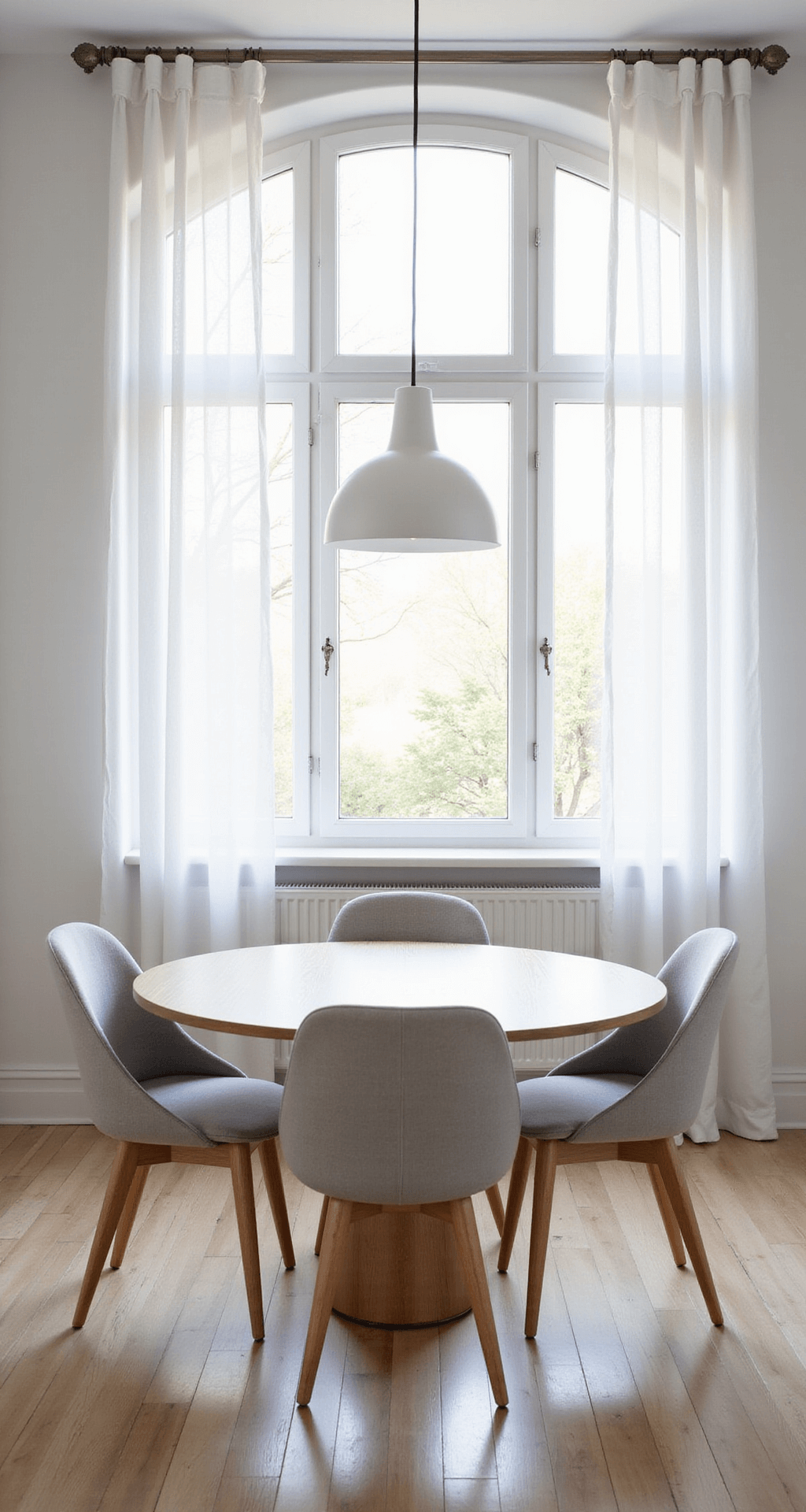Scandinavian-style dining area featuring a round white oak table with a pedestal base, surrounded by pale gray bouclé chairs, bathed in soft afternoon light from an oversized arched window with sheer curtains, minimalist pendant light, and pale blonde wood floors.