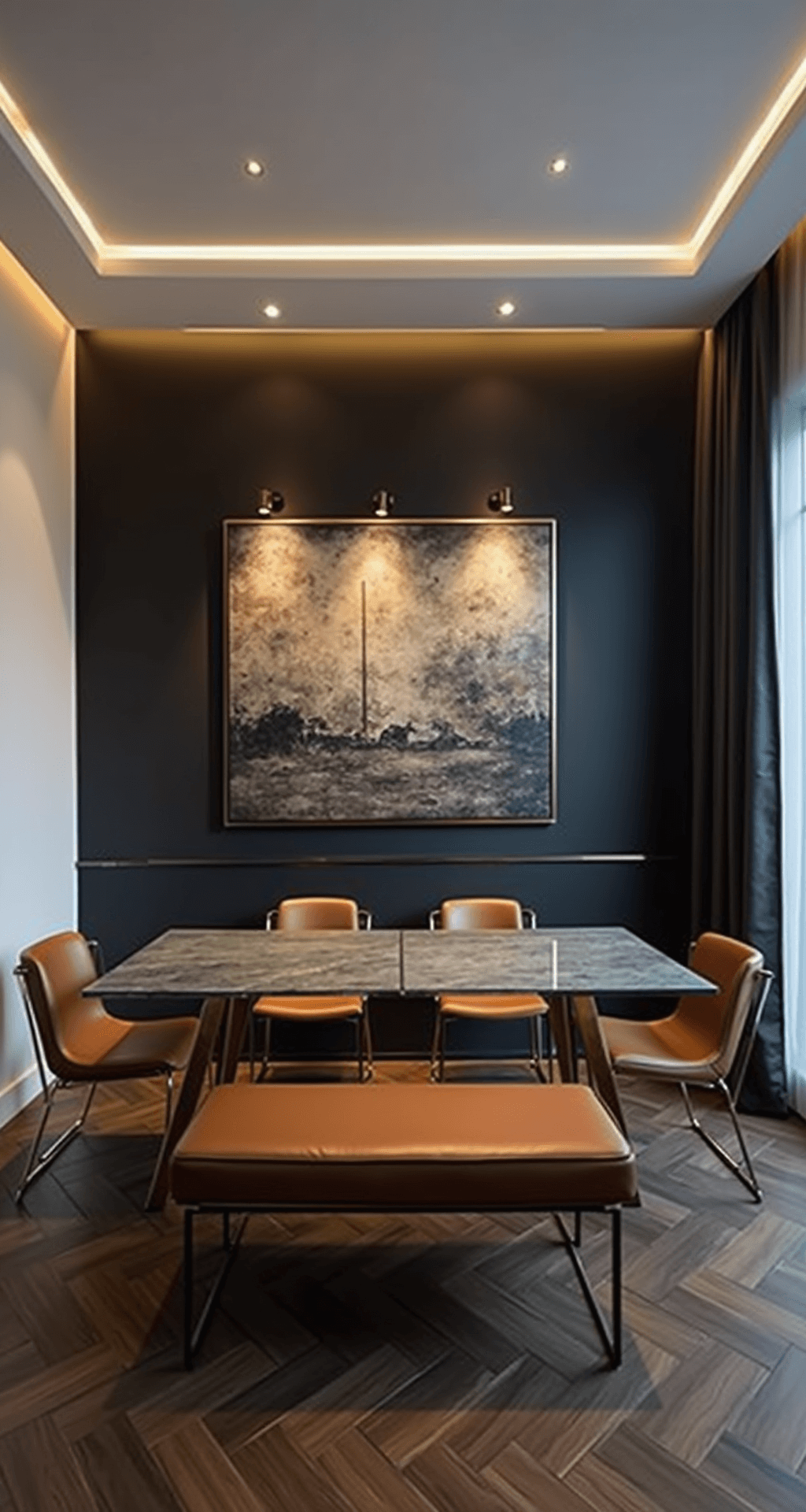 Urban dining room at twilight featuring a floating glass-topped acrylic table, low-profile leather bench, and brass-framed chairs, against a dramatic black accent wall with oversized abstract art, illuminated by ambient LED strip lighting, with dark herringbone floors contrasting white walls, captured from a corner at a slight elevation.