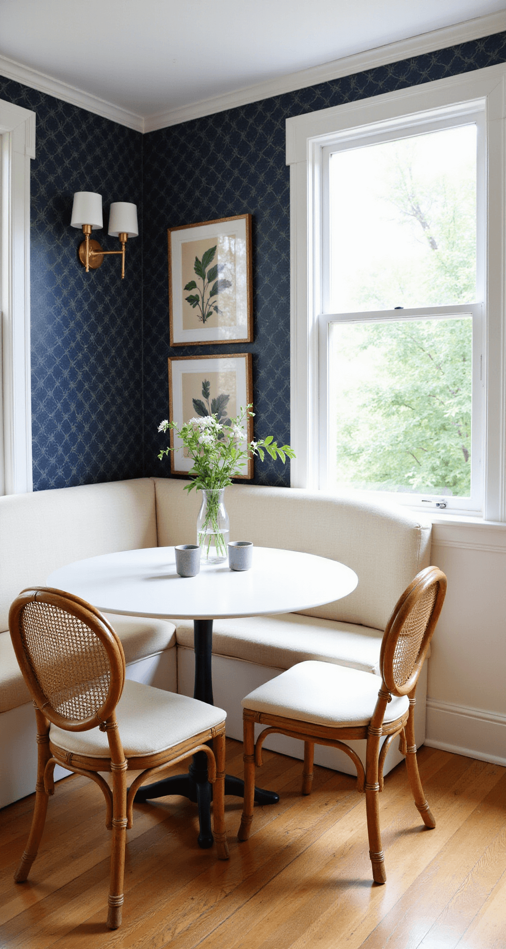 A sunlit breakfast nook with a white drop-leaf table, navy geometric wallpaper, rattan chairs, brass sconces, and oak floors, showcasing a welcoming table setting.