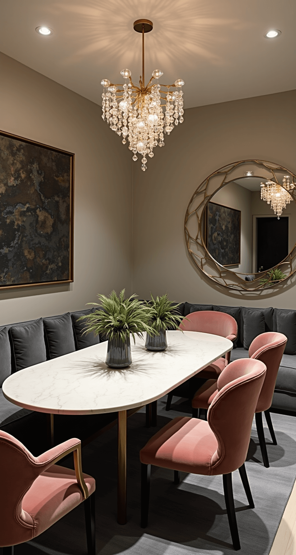 Contemporary dining room featuring an oval marble table with a brass base, blush velvet chairs, and a charcoal banquette, illuminated by a crystal pendant cluster, with an oversized antiqued mirror reflecting the moody ambient lighting.