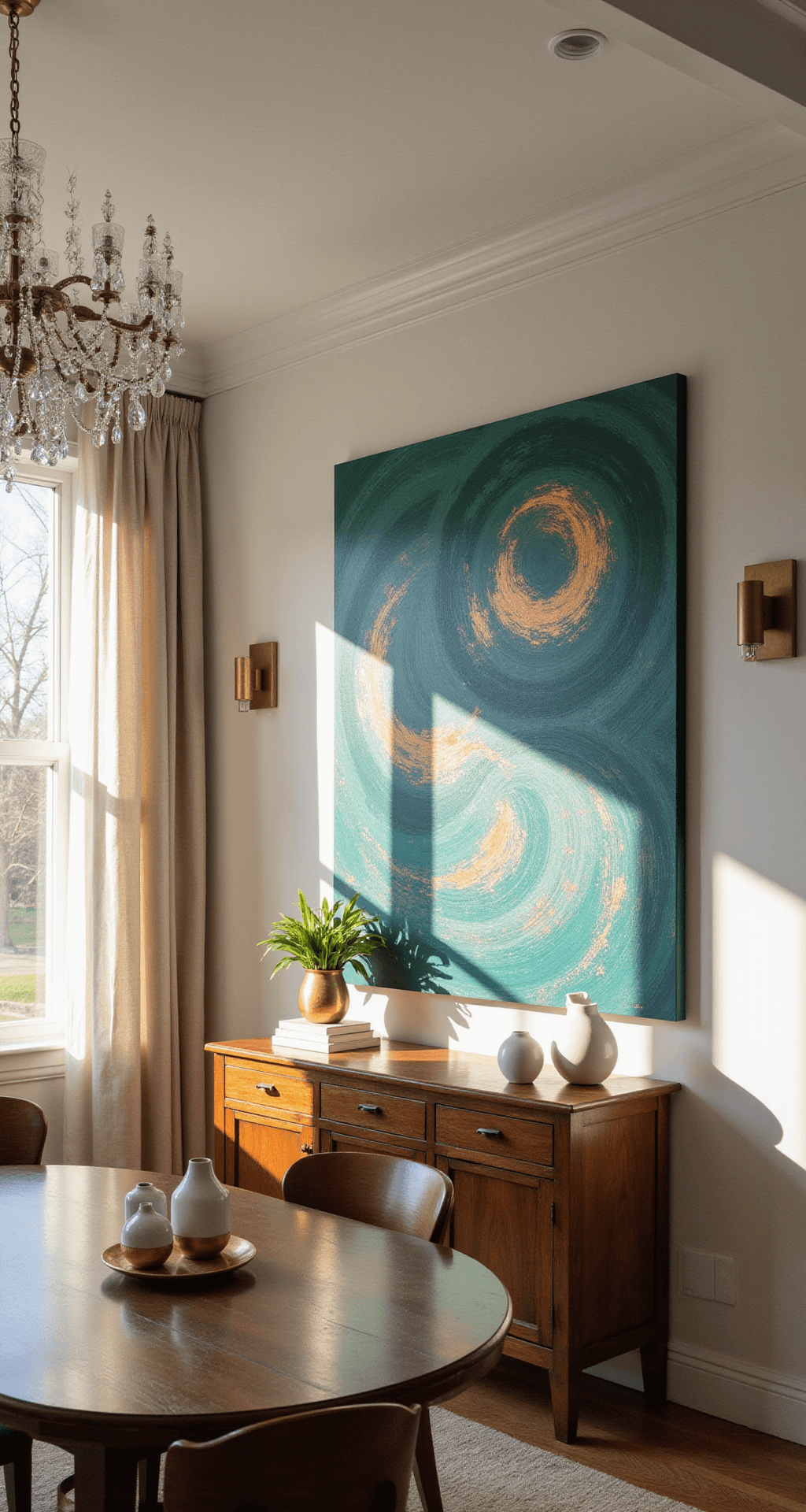 A sunlit dining room with 10ft ceilings features an oversized abstract canvas in teals and copper above a dark walnut sideboard, illuminated by natural light through sheer curtains, with brass sconces and a modern chandelier complementing a round oak dining table adorned with white ceramics and metallic decor.