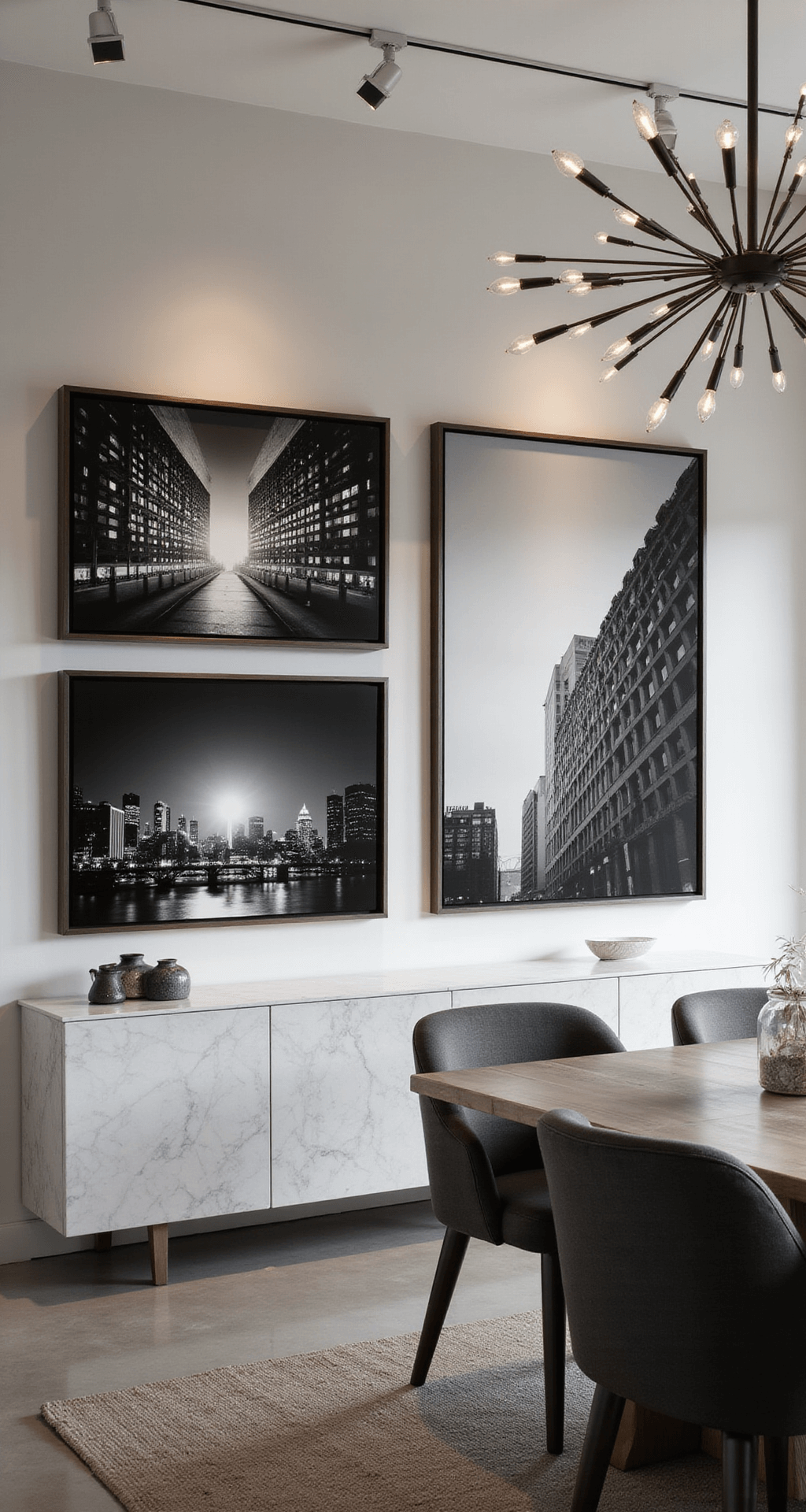 Sophisticated dining room with a dramatic black and white triptych above a white marble credenza, illuminated by natural light and modern track lighting, featuring minimalist furnishings and polished concrete floors.
