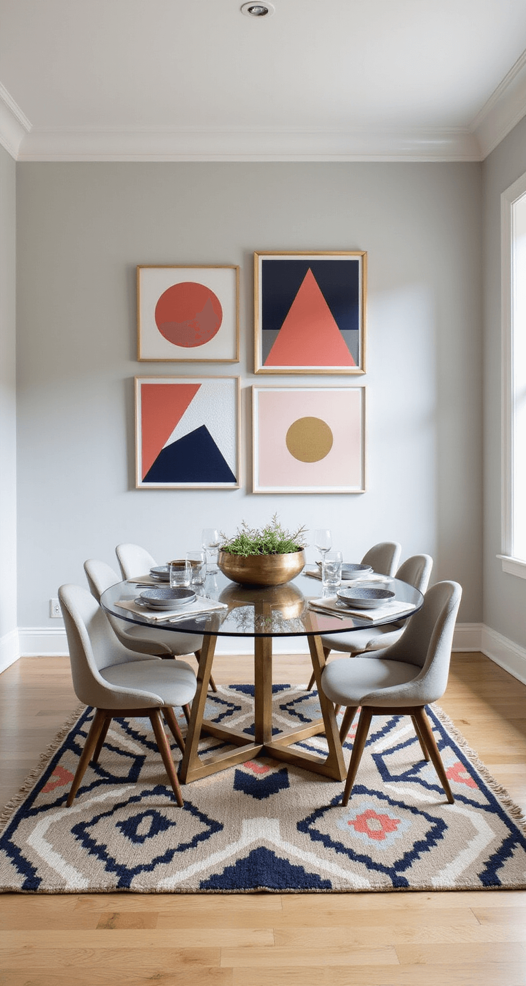 Contemporary dining room with a geometric gallery wall, glass-topped table, brass accents, and modern table settings, illuminated by morning light.