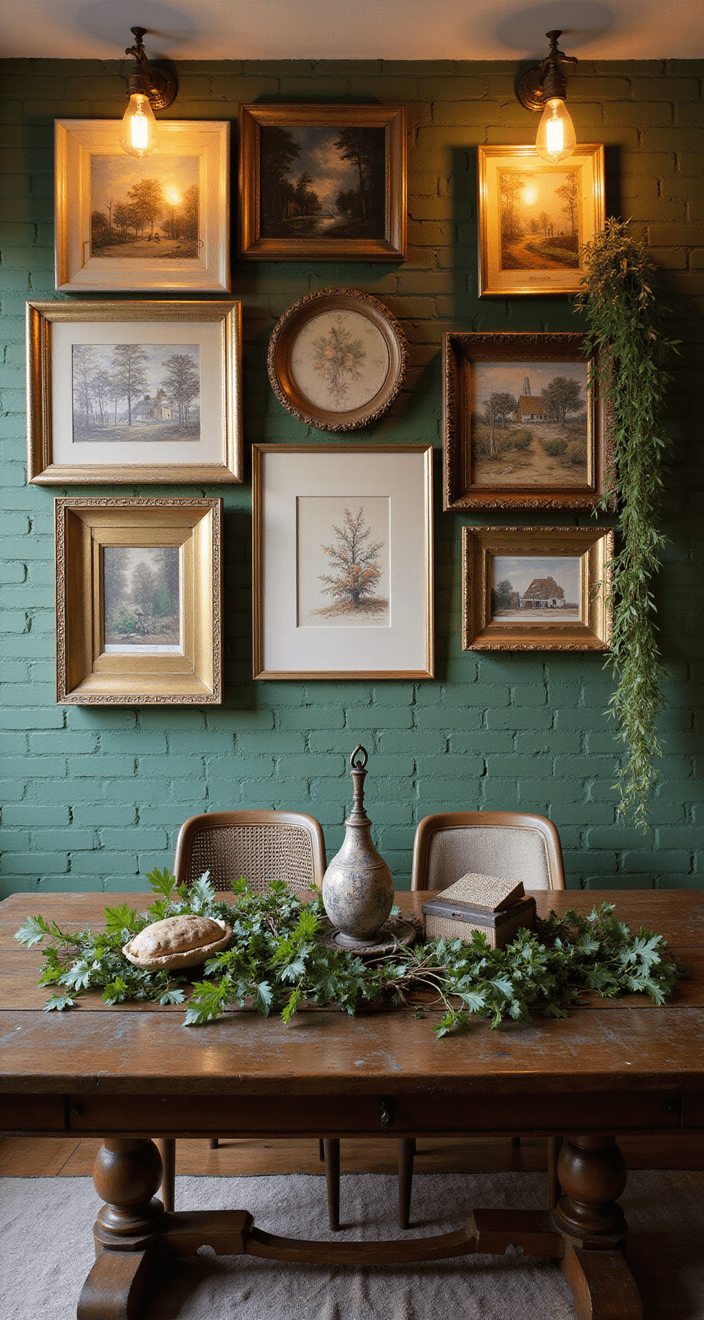 An eclectic dining room featuring a salon-style arrangement of mixed media artwork illuminated by vintage Edison bulb sconces, with a deep green painted brick accent wall and an antique farm table adorned with collected objects and trailing plants, all captured in warm golden hour light.