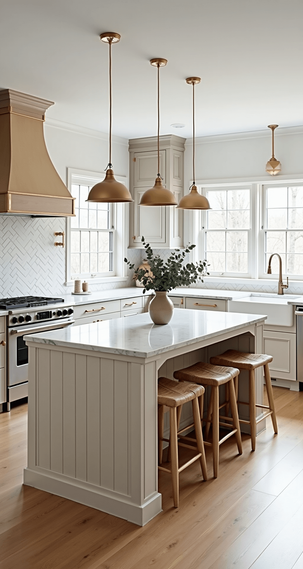Modern kitchen featuring a board and batten island, with a 6' white oak surface and Calacatta marble countertop, surrounded by soft greige cabinets. Large windows flood the 12x15' space with morning light, highlighting brass pendant lights and woven barstools, complemented by a ceramic vase with eucalyptus. The warm white walls and light oak flooring enhance the architectural details and texture of the room.