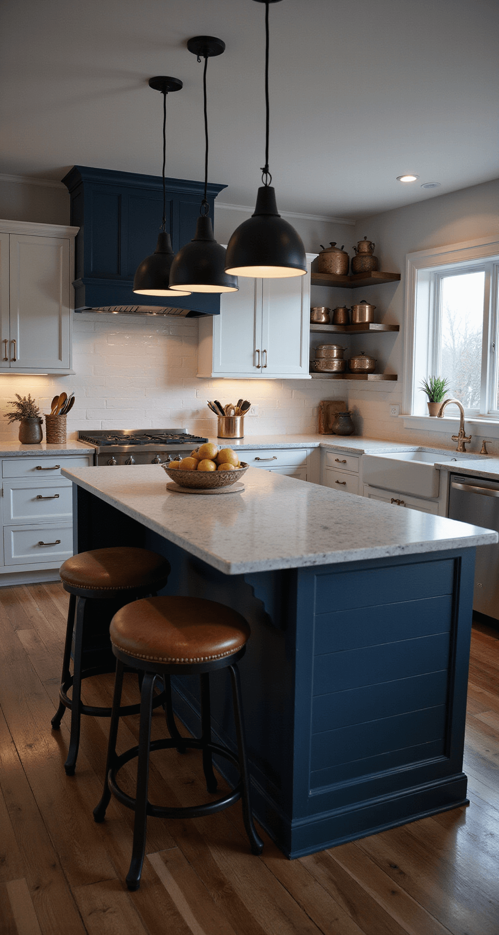 A low-angle shot of a dramatic evening kitchen featuring a navy blue shiplap island illuminated by three black modern pendant lights. The 8-foot island is centered in a 14x16-foot space with bright white perimeter cabinets and a quartz waterfall countertop accented by antique brass hardware. Leather and iron barstools are visible, along with copper cookware displayed above, all under moody lighting that enhances the intimate atmosphere and highlights the horizontal shiplap lines.