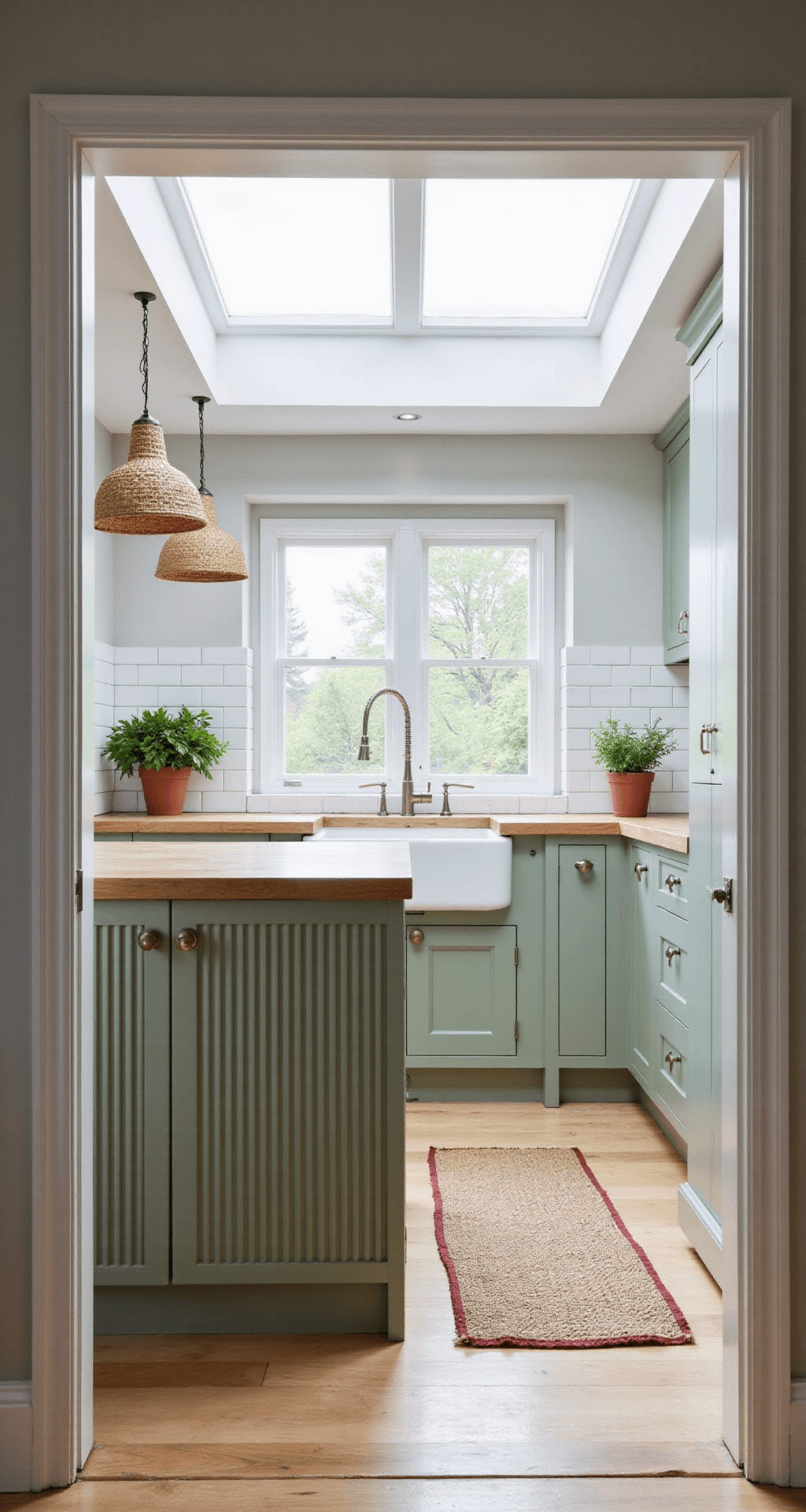 Bright midday kitchen with a sage green fluted panel island and white oak countertop, featuring natural light from a skylight, brushed nickel hardware, woven pendant lights, and a vintage runner, complemented by a white subway tile backsplash and pale gray walls, with fresh herbs in terracotta pots.