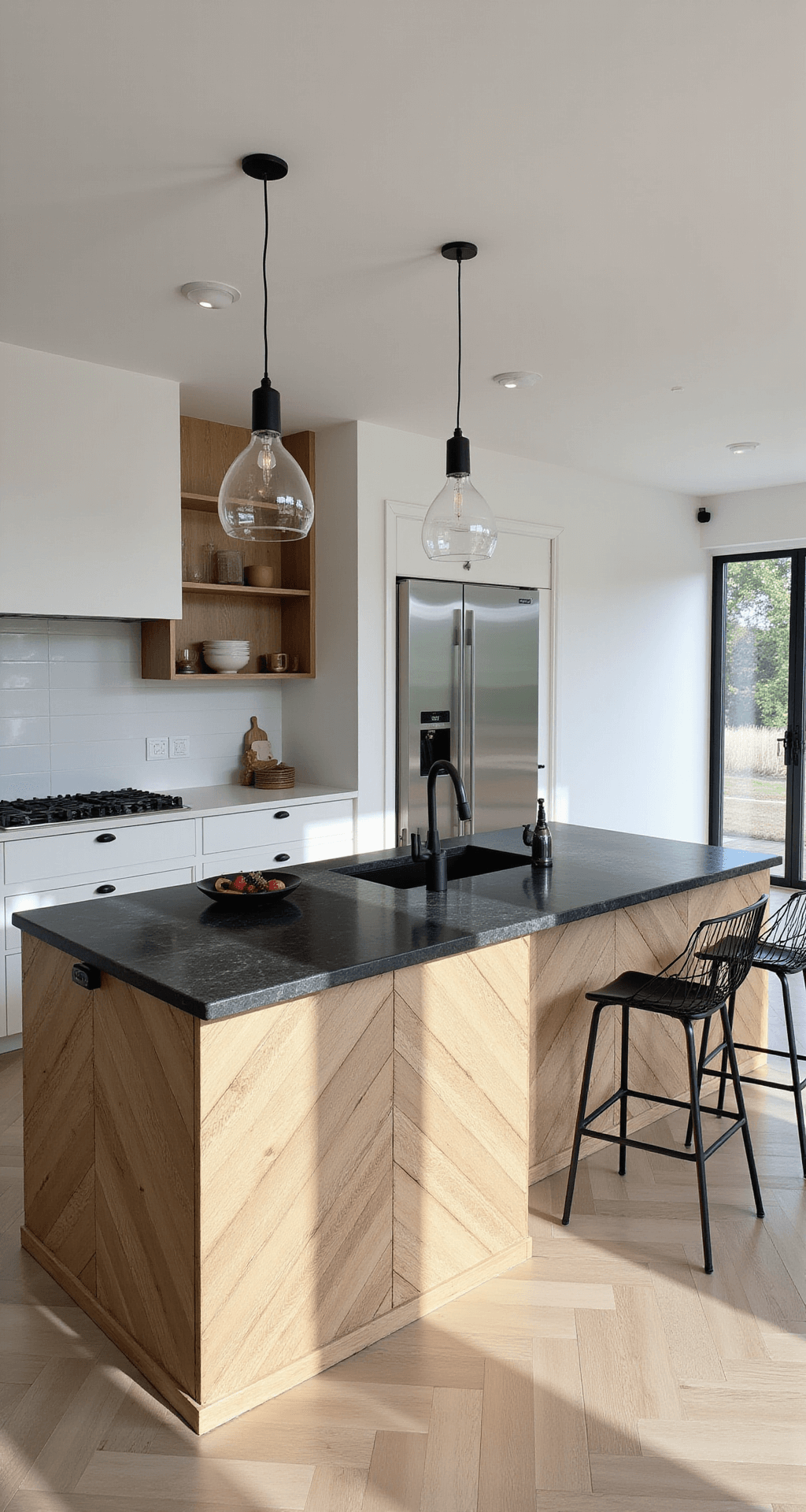 Minimalist kitchen featuring a herringbone-patterned island in weathered oak with honed black granite top, surrounded by sleek stainless steel appliances and geometric bar stools, illuminated by afternoon light that casts diagonal shadows, highlighting the contrasting materials and linear patterns.
