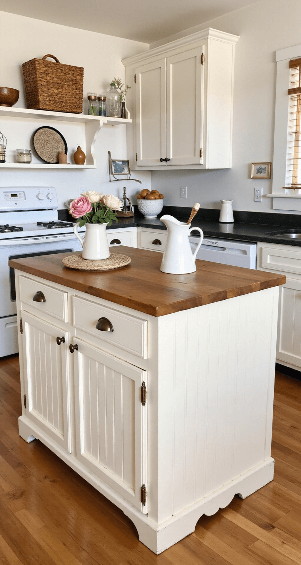 Cozy cottage kitchen featuring a cream-colored beadboard island with a butcher block top, vintage brass bin pulls, white ceramic pitchers, fresh flowers, and woven baskets, all set against warm maple floors and soft white walls during golden hour.