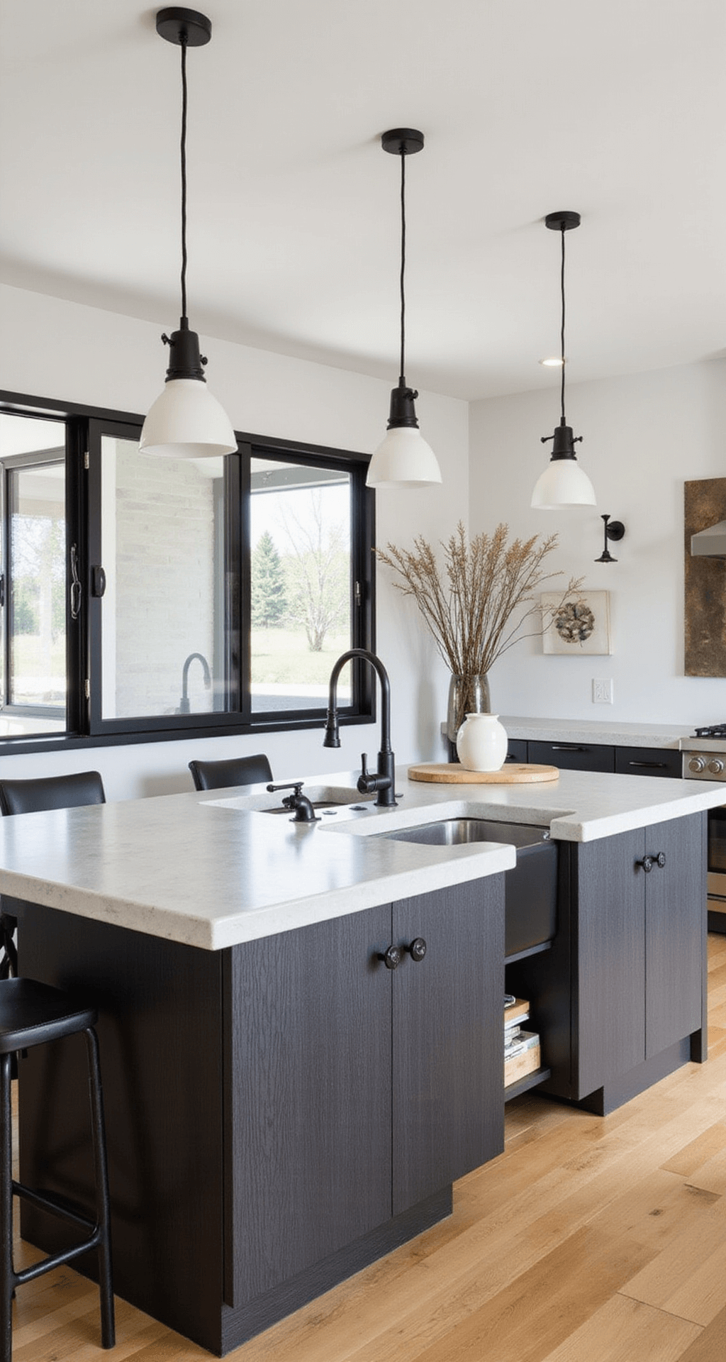 Contemporary kitchen with a two-tone reeded island, featuring a charcoal reeded base and smooth white upper panels, topped with a concrete countertop. The open layout is bathed in diffused afternoon light, showcasing mixed metal fixtures, minimalist pendant lighting, and contrasting black steel window frames against light walls.