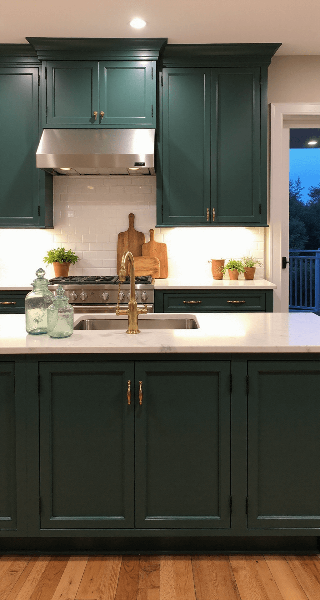 Transitional kitchen featuring a 7' Shaker-style island in deep forest green with a white quartz top, accented by oversized brass pulls. The 13x15' space is illuminated by warm under-cabinet and dusk lighting, highlighting cabinetry details, glass hurricane lanterns, potted herbs, and vintage cutting boards.