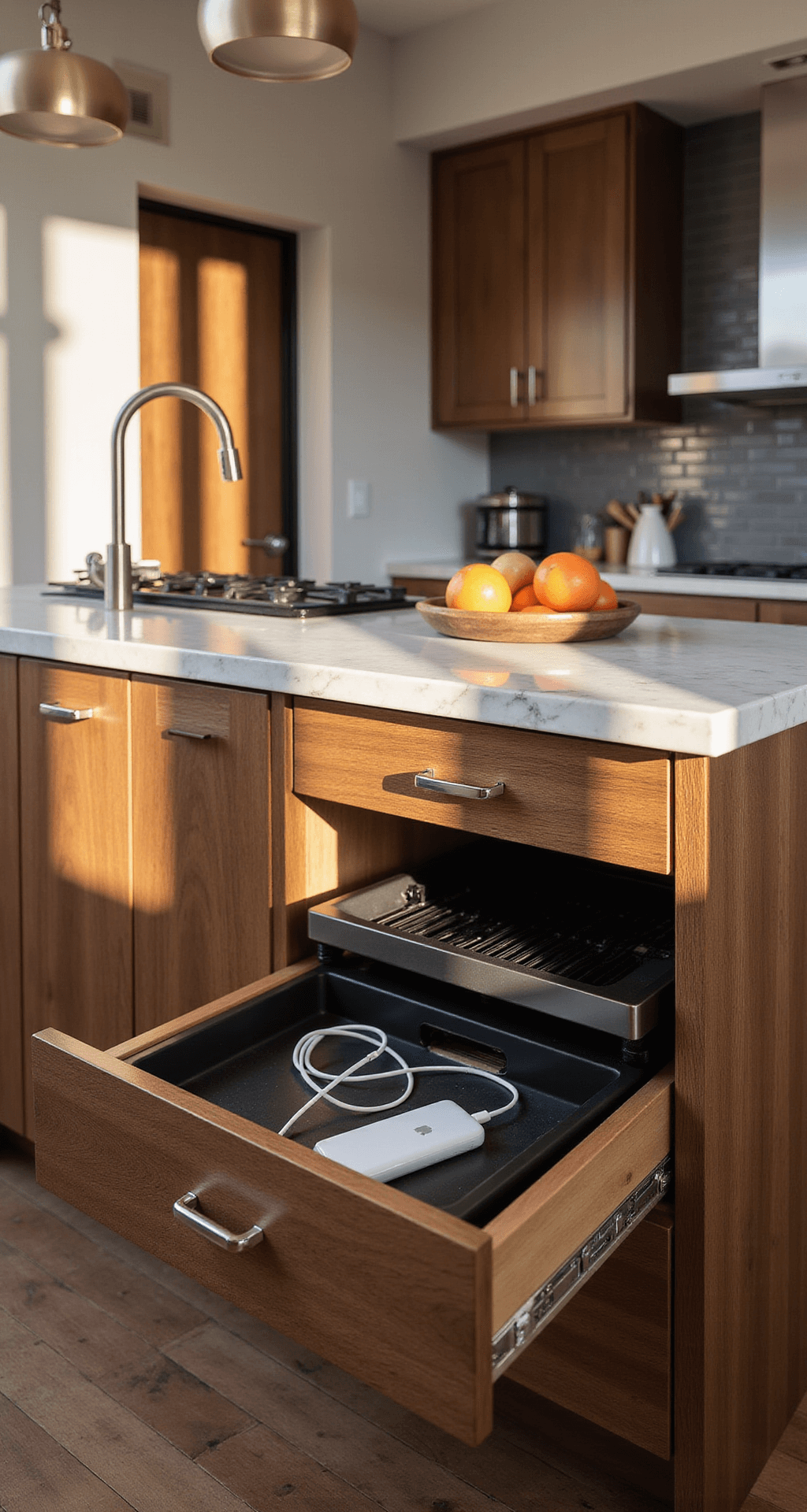 An intimate shot of a 5x8ft walnut-finished kitchen island with concealed compartments, including a sleek charging station drawer and integrated waste management, set against warm golden hour lighting; features a marble countertop with waterfall edges and soft overhead pendant lighting.