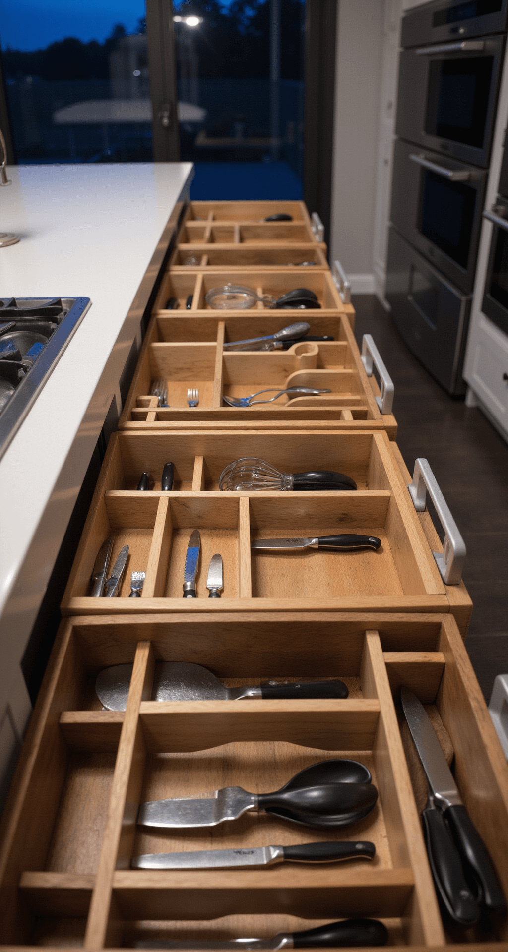Close-up view of premium kitchen drawers featuring custom walnut dividers, precision-fitted knife blocks, adjustable utensil compartments, and specialized baking sheet organizers, illuminated by overhead studio lighting at dusk, highlighting soft-close mechanisms and detailed organizational layout from a 30-degree angle.