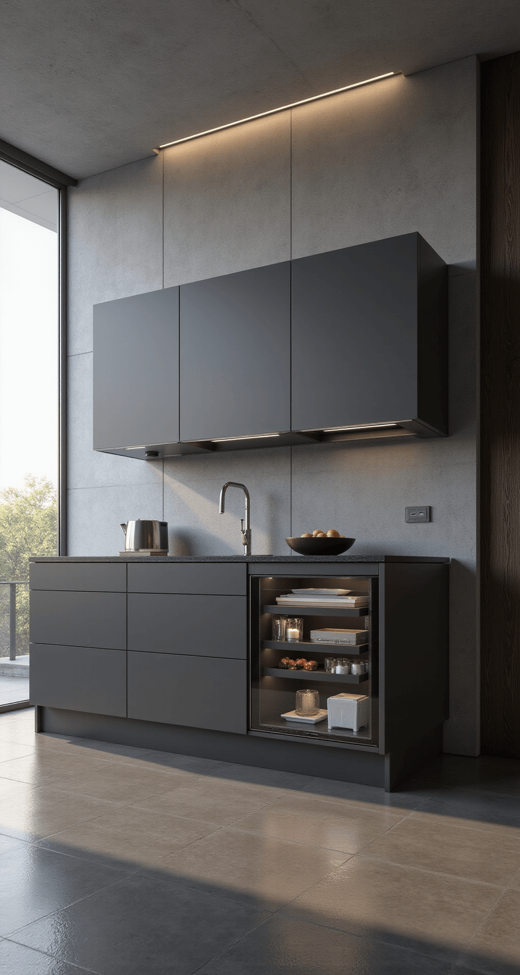 Dynamic image of a 7x4ft island with height-adjustable motorized cabinets in motion, illuminated by mid-afternoon light, showcasing a sleek graphite finish and visible voice-activated systems in a minimal modern kitchen backdrop, with dramatic side lighting highlighting its high-tech features.