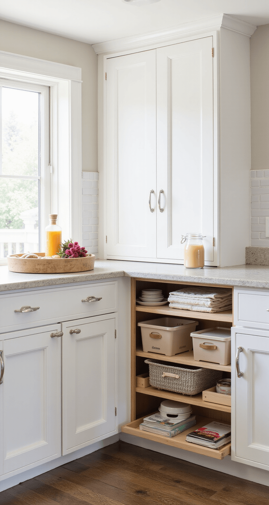 A well-organized kitchen island with pull-out shelving, featuring DIY organizers and modular storage systems, illuminated by bright morning light. The white-painted island and laminate countertop create a welcoming atmosphere, emphasizing practicality and accessibility.