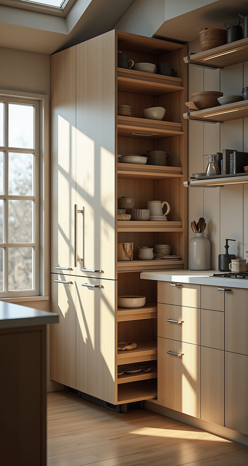 A compact 4x2ft kitchen island with tall pull-out pantry units, showcasing vertical storage solutions and multi-tiered organizers under industrial-style pendant lighting, with late afternoon sunlight casting long shadows and emphasizing space efficiency.