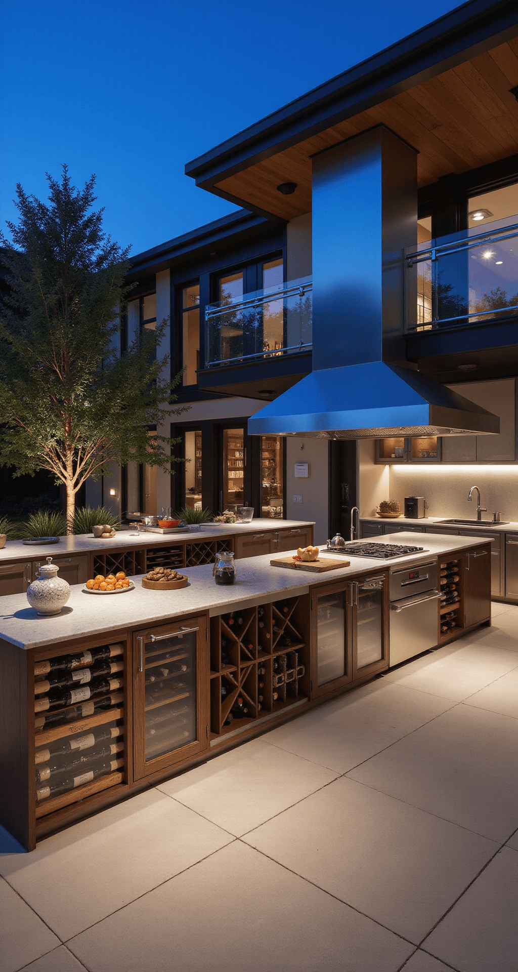 A spacious kitchen featuring a dual-island setup with specialized storage zones, including a wine rack and built-in cookbook shelving, highlighted by warm wood tones, stainless steel, and glass. The scene is illuminated by dramatic evening lighting, conveying a luxurious, professional-grade atmosphere.
