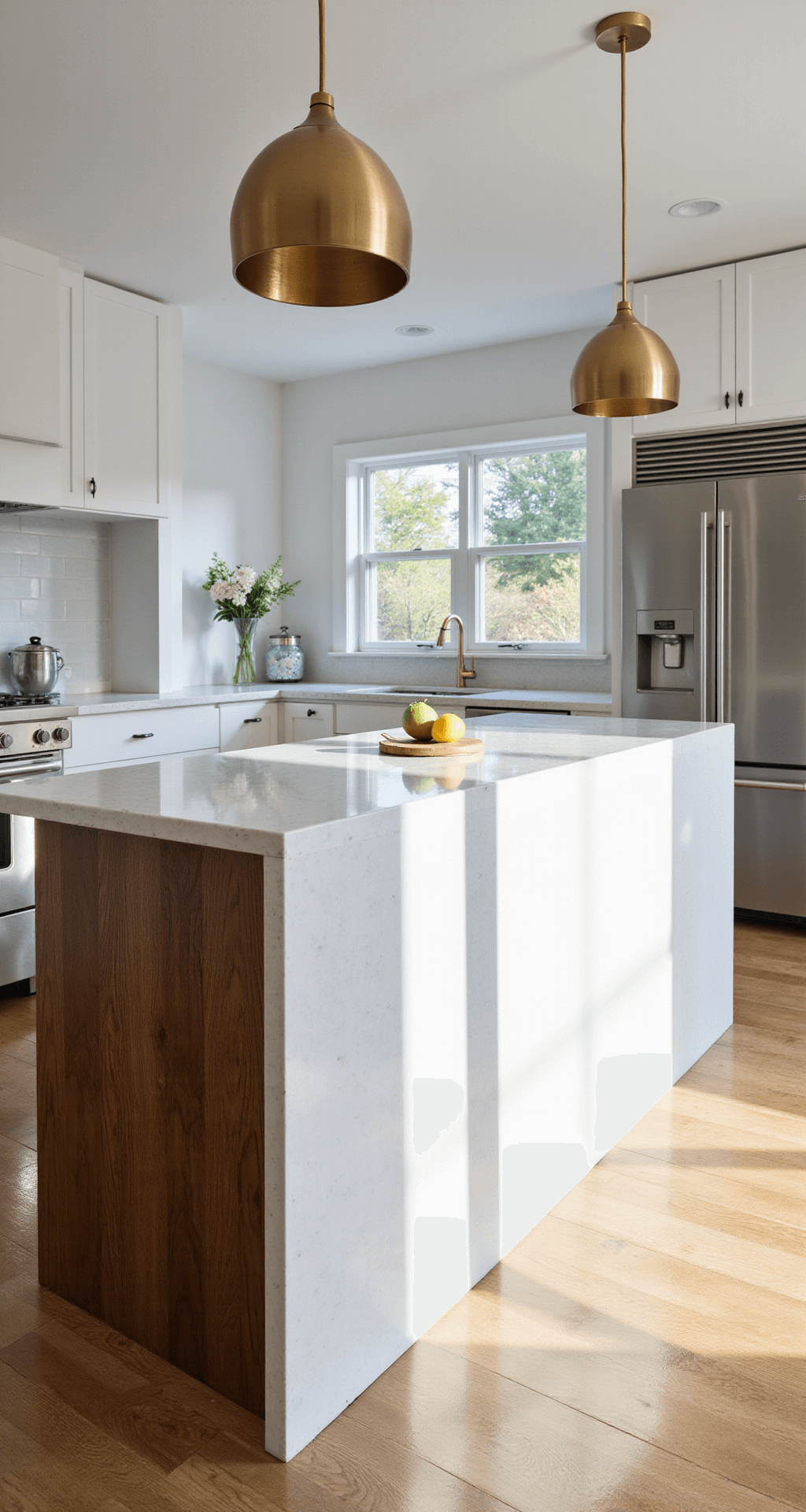 A contemporary kitchen with a large quartz waterfall island, featuring morning sunlight streaming through floor-to-ceiling windows, brushed brass pendant lights, and stainless steel appliances, all in a warm color palette of whites, grays, and walnut accents.