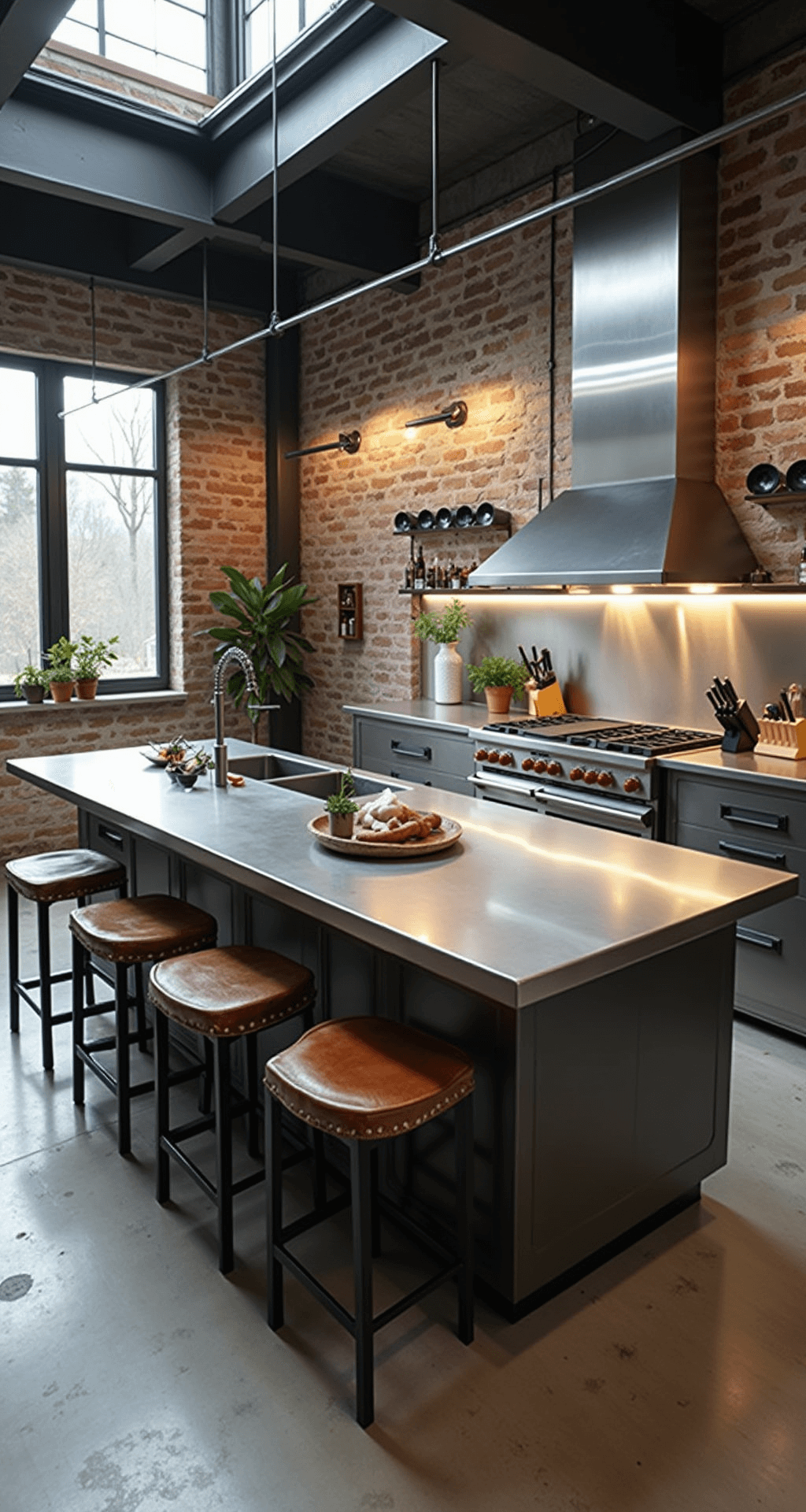 Industrial-modern kitchen featuring a 10ft stainless steel island with integrated sink and raised bar seating, illuminated by overhead factory-style windows. The space showcases raw concrete floors and exposed brick walls, with professional lighting highlighting metallic reflections and a carefully styled arrangement of kitchen essentials, including a knife block and potted herbs.
