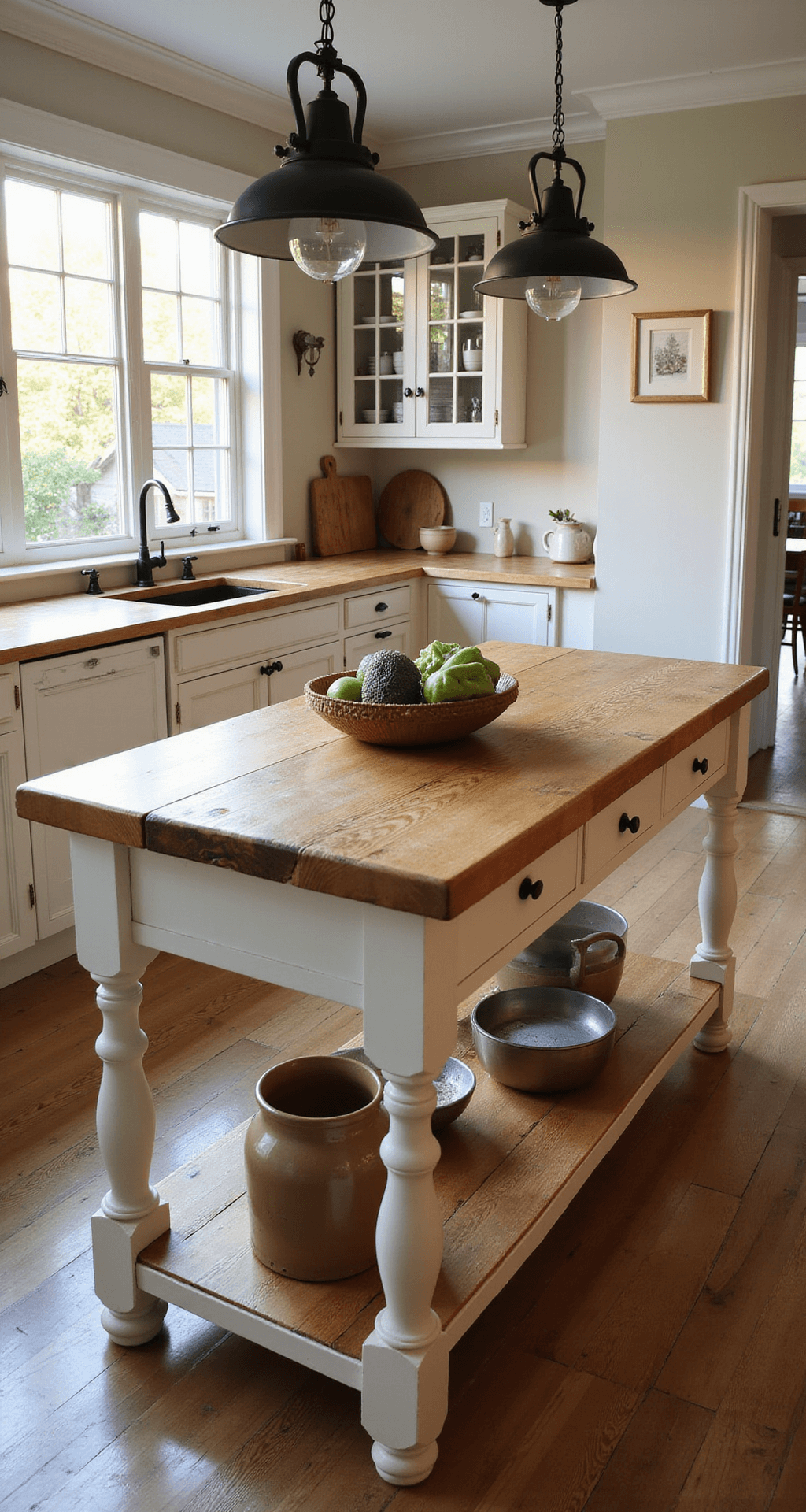 A spacious farmhouse kitchen with a 7ft reclaimed oak butcher block island, featuring a vintage-style white painted base and turned legs. Sunlight streams through mullioned windows, illuminating the wood grain and patina. The scene includes iron and glass pendant lights, an earthenware crock, fresh produce, and well-worn cutting boards, with a color palette of honey oak, vintage cream, dark iron, and warm terracotta accents.