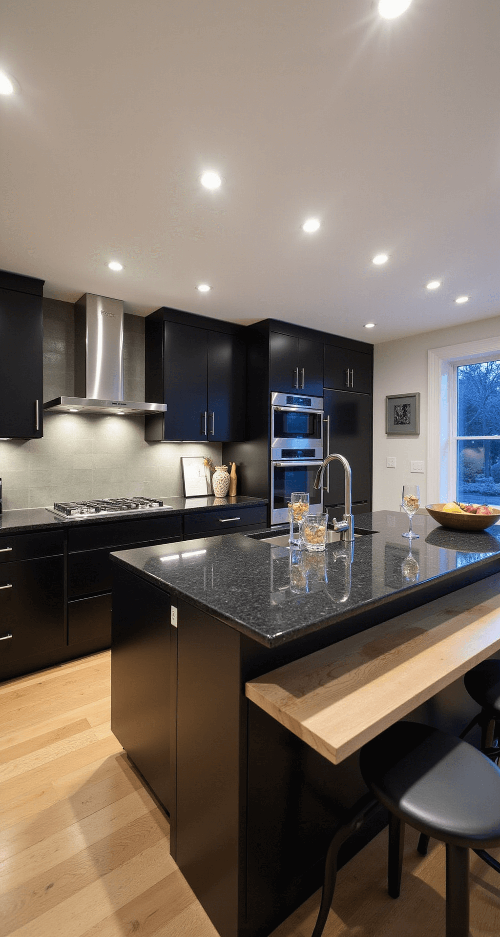 Modern luxury kitchen featuring a 9ft dual-material island of black granite and bleached oak, with LED lighting, waterfall edges, and sleek black bar stools, captured from a corner angle emphasizing the material contrast.