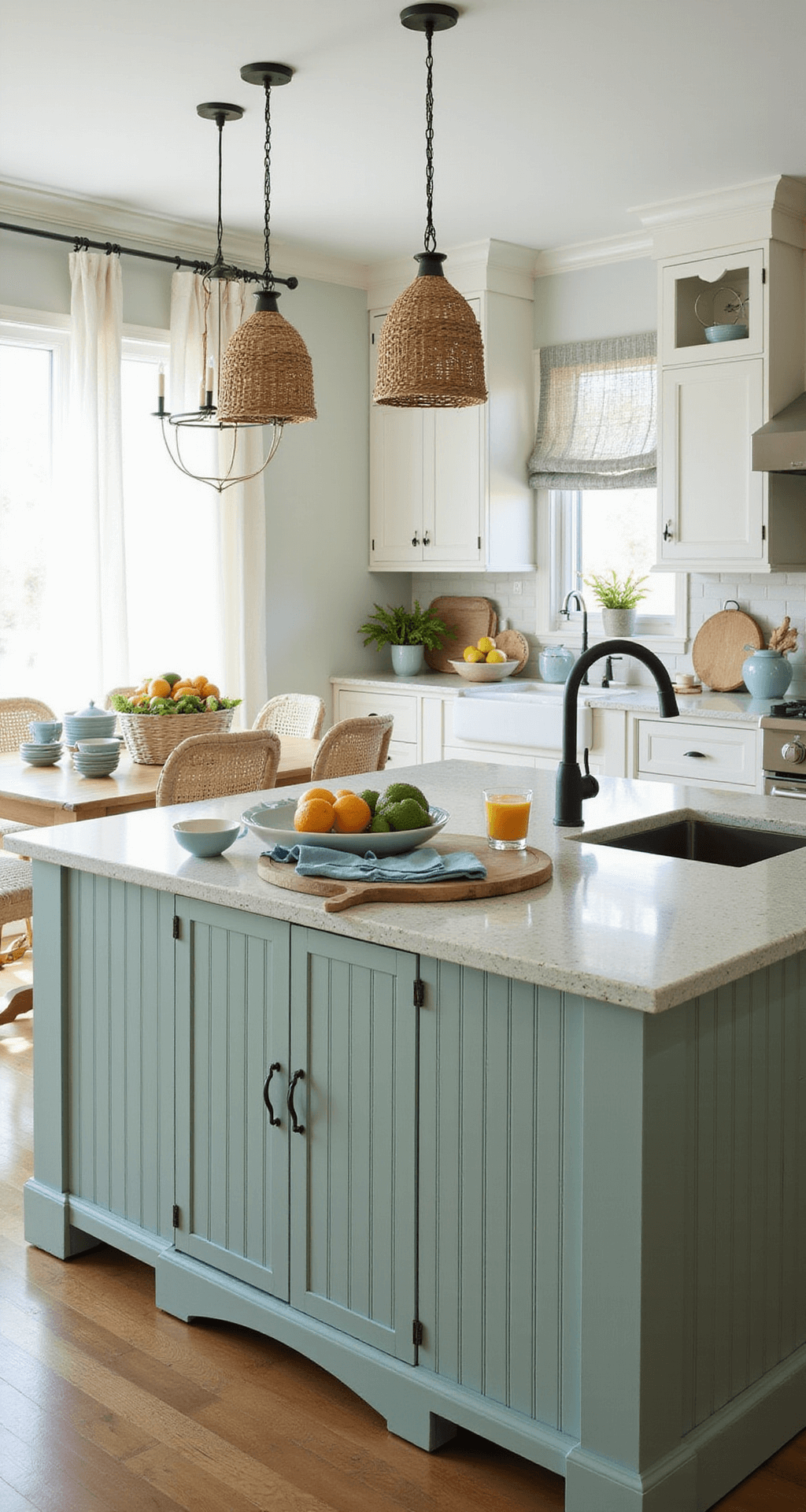 Coastal kitchen with an 8ft sea glass green quartz island, diffused afternoon light, and coastal decor, featuring rattan pendant lights, driftwood accents, and styled with blue-white chinaware and fresh citrus.