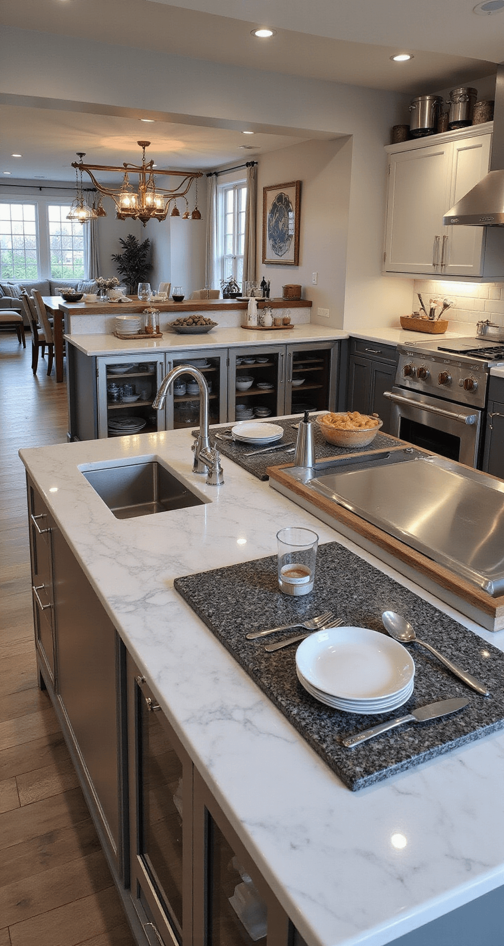 A chef's kitchen featuring a 12ft professional-grade island with stainless prep, marble pastry station, and granite cutting surface, under dramatic track lighting. It displays commercial storage, a pot rack, pull-out cutting boards, professional equipment, mise en place setup, and hanging copper cookware, in a color scheme of stainless steel, white marble, dark granite, and copper accents.