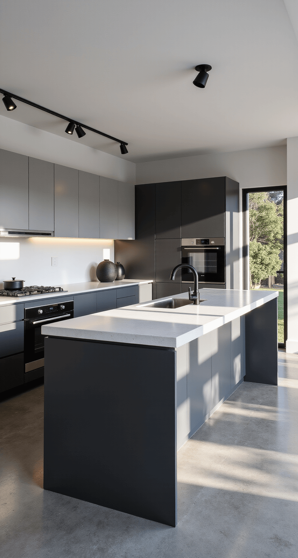 Kitchen Island Cabinet Styles: The Ultimate Design Guide A minimalist open-concept kitchen featuring a matte charcoal flat-panel island with waterfall edges in white quartz, surrounded by light grey cabinets, illuminated by modern track lighting. The polished concrete floors reflect the afternoon light and dramatic shadows, while geometric accessories and black ceramics add style.