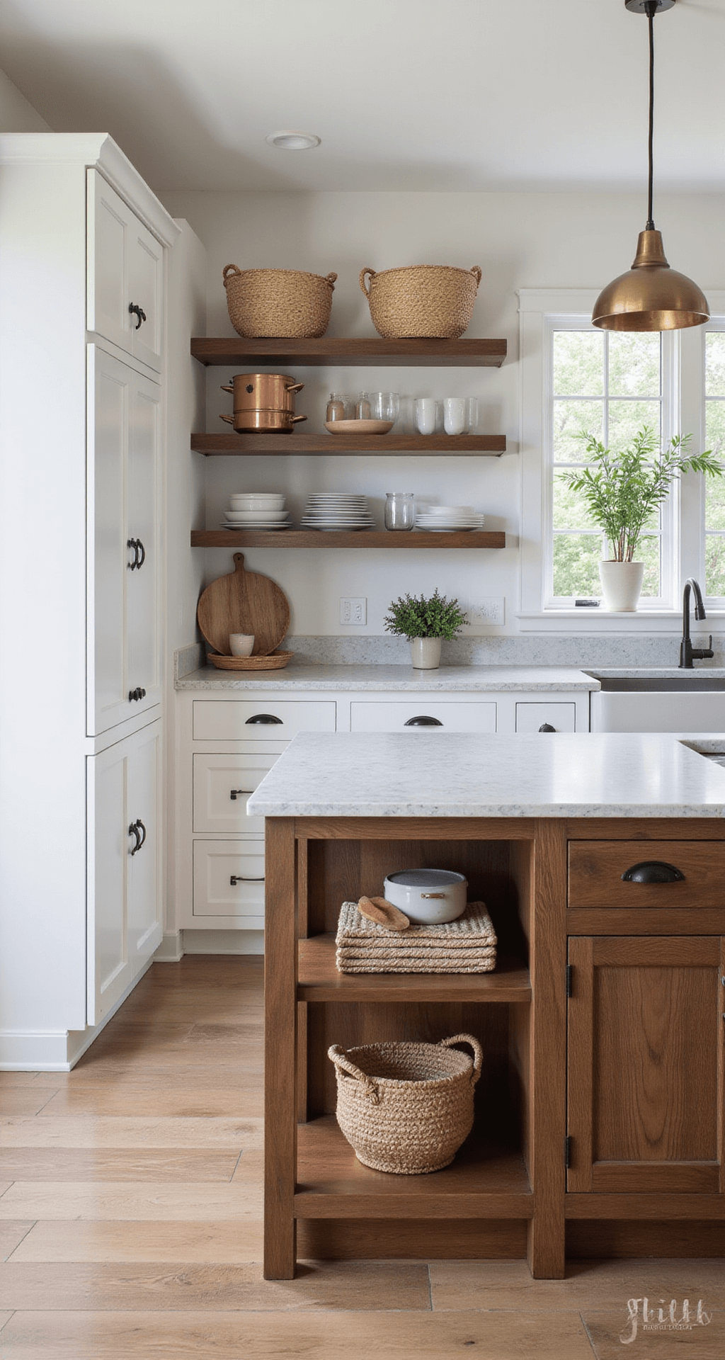 Kitchen Island Cabinet Styles: The Ultimate Design Guide A transitional kitchen featuring a two-tiered island with white upper cabinets and walnut base storage, illuminated by mid-morning light. The 9ft island has varying heights for dining and prep and showcases mixed metal hardware and quartzite countertops. Open shelving displays curated cookware, while aged brass pendant lights illuminate the space. Decor elements include woven baskets and copper cookware, complemented by warm wide-plank white oak flooring. Soft fill lighting highlights the kitchen's dimensional design.