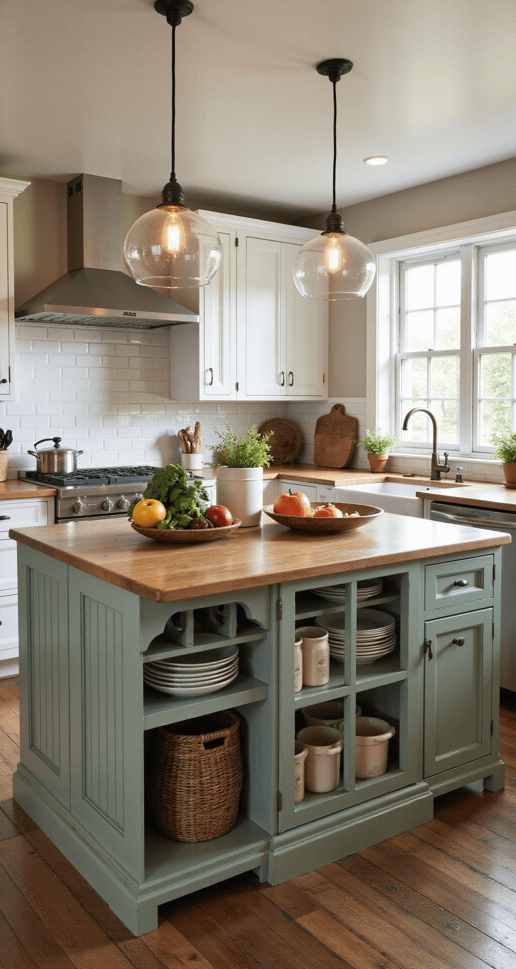 Kitchen Island Cabinet Styles: The Ultimate Design Guide A cozy farmhouse kitchen featuring a sage green island with decorative side panels, surrounded by vintage decor and fresh produce, illuminated by natural and warm accent lighting.